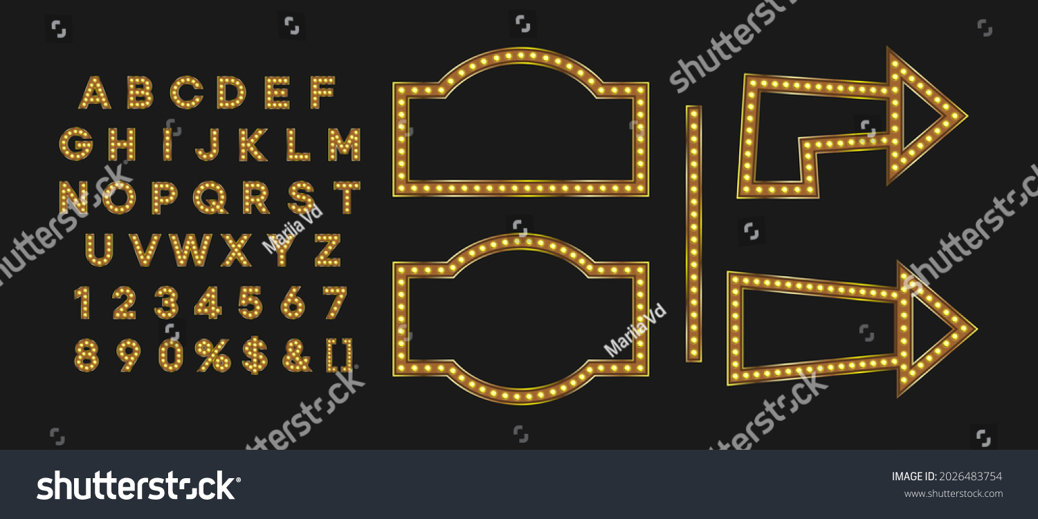SVG of Shiny gold signboard and arrow for autumn fall sale banner. Marque alphabet for night club logo or event badge. svg