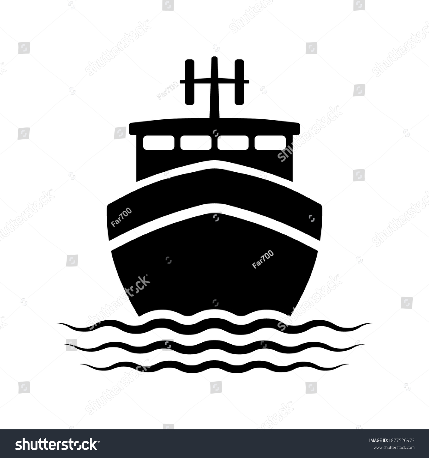SVG of Ship icon. Fishing boat. Black silhouette. Front view. Vector flat graphic illustration. The isolated object on a white background. Isolate. svg