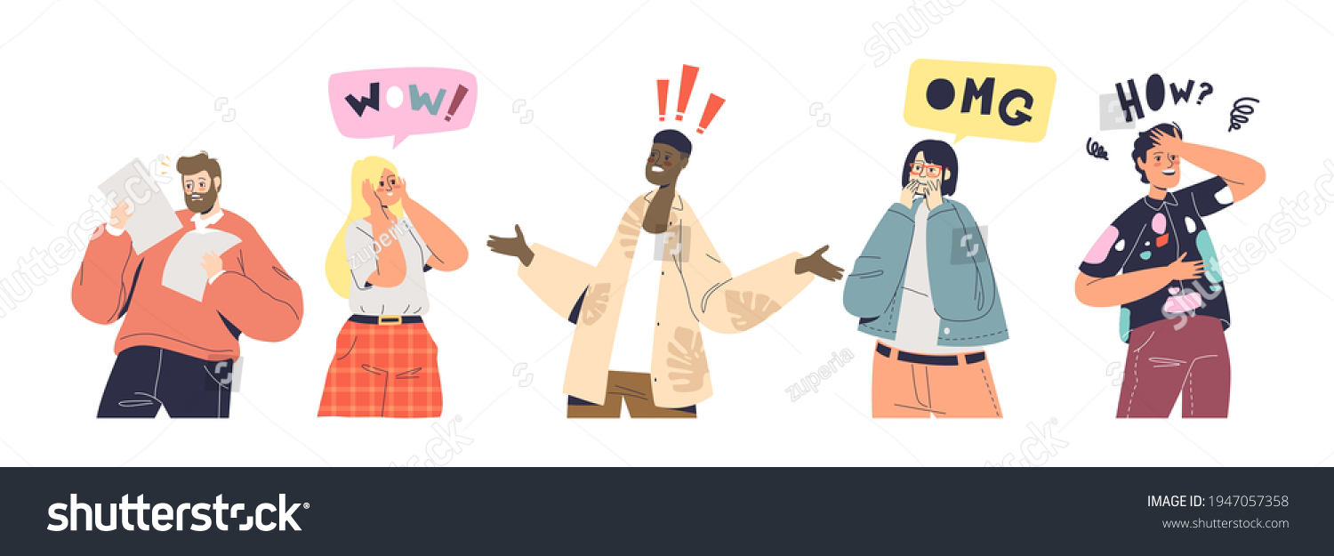 SVG of Shock and surprise reactions set. Excited and frustrated cartoon characters with surprised and shocked emotions on good or bad news. Emotional gesturing people. Vector illustration svg