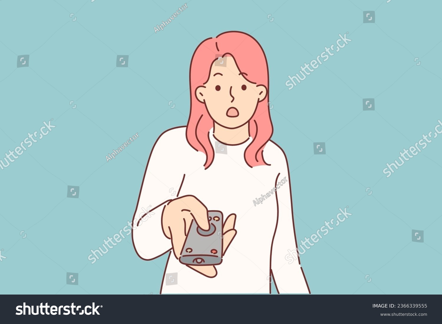 SVG of Shocked woman with TV remote control being surprised to hear fake news or disinformation live. Girl feels shock after learning about breakdown of TV or disappearance of popular television shows. svg