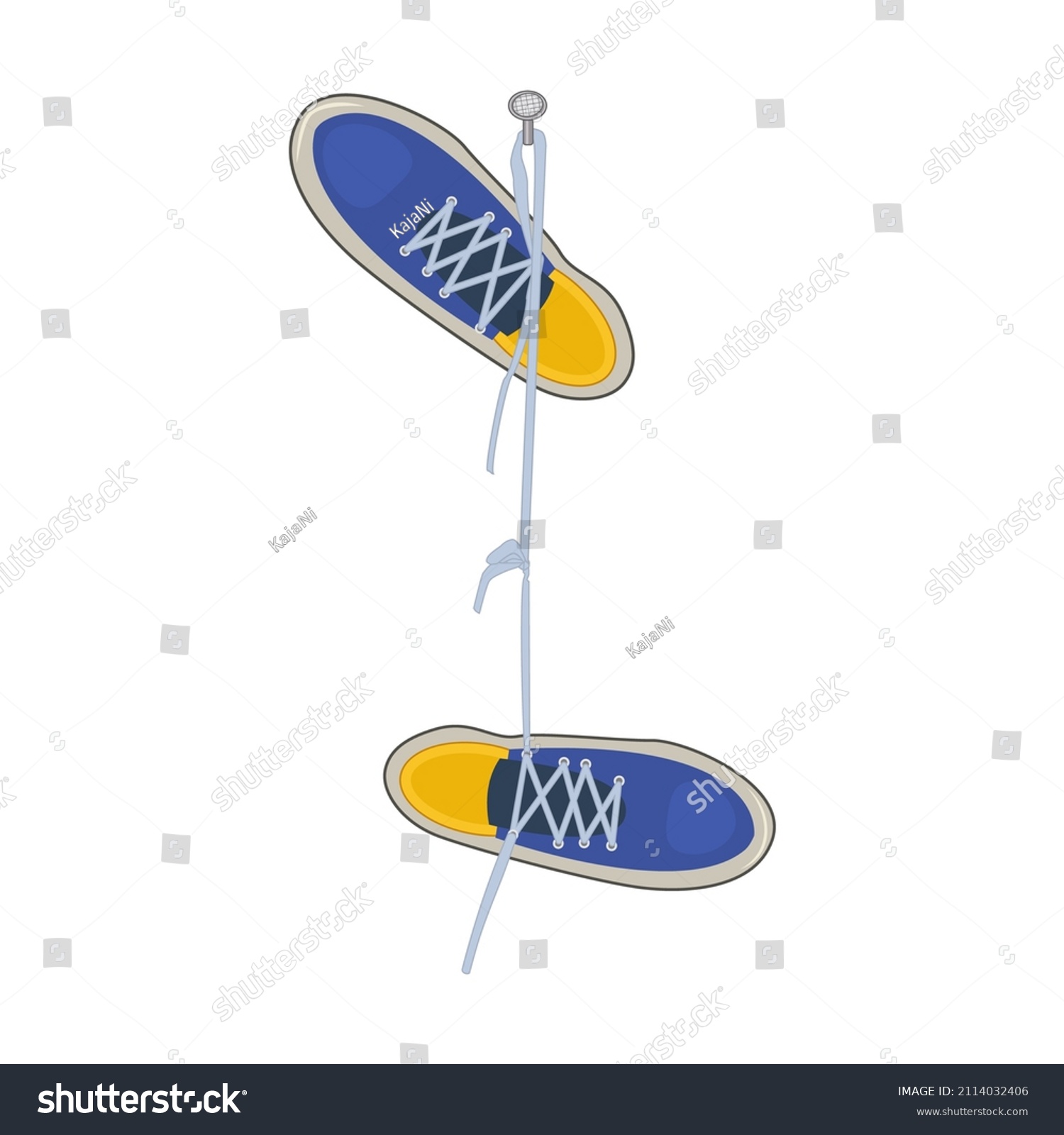 SVG of Shoes hanging on nail isolated on white background. Pair of sports footwear hang on peg.Vintage blue sneakers hang on shoelace on spike.Sports and casual shoes.Shoe dangle on laces.Vector illustration svg