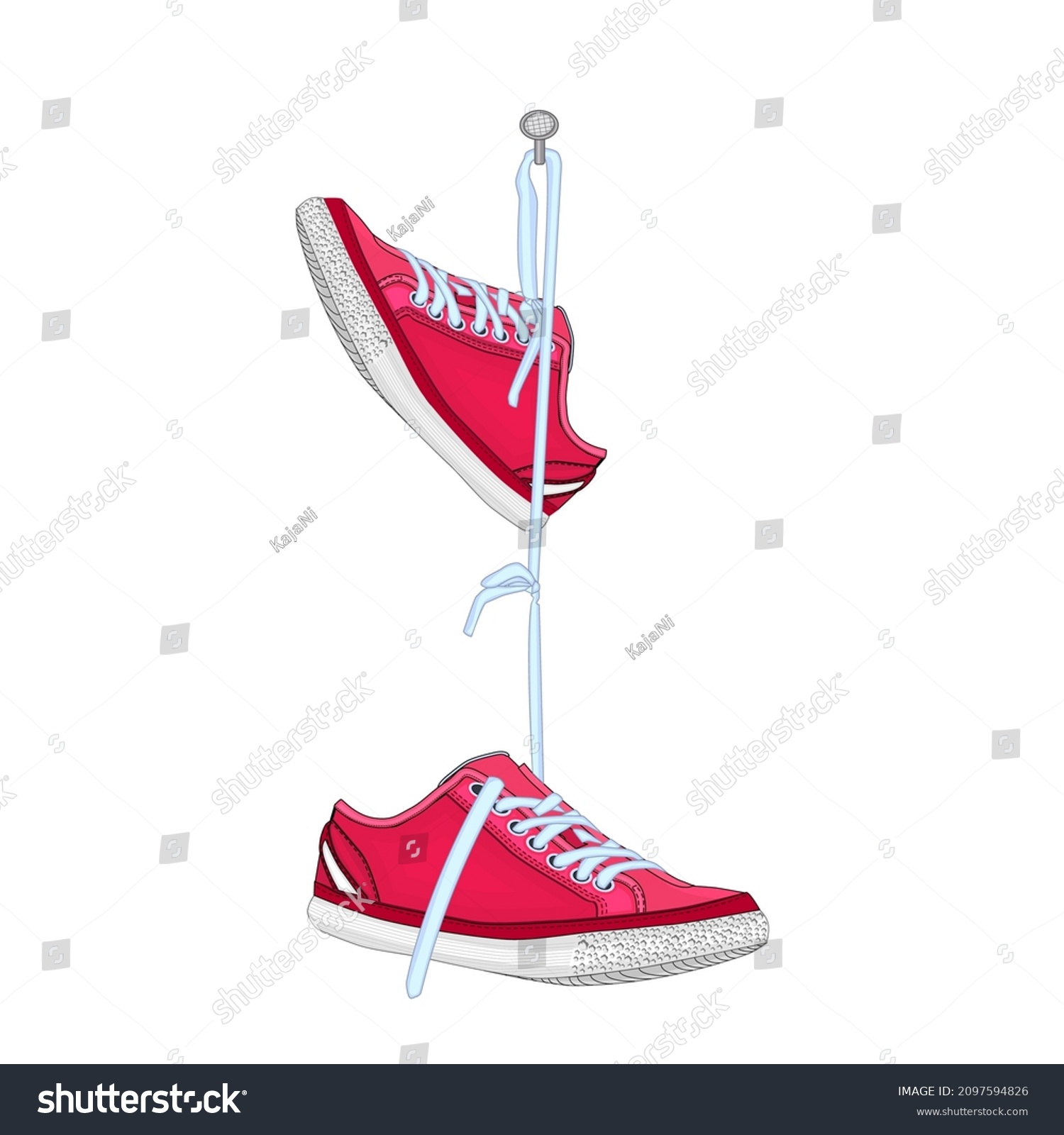SVG of Shoes hanging on nail isolated on white background. Pair of sports footwear hang on peg.Vintage red sneakers hang on shoelace on spike. Sports and casual shoes.Shoe dangle on laces.Vector illustration svg
