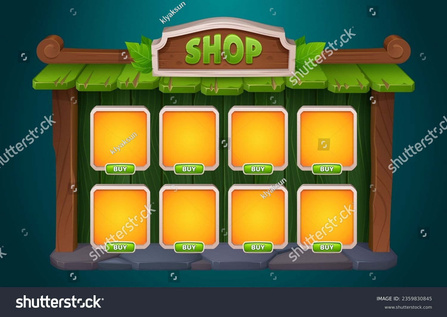 SVG of Shop game interface design - cartoon vector illustration wooden frame with card for item and button with price. User interface template for rpg store. Wood menu window for selling props and artifacts. svg