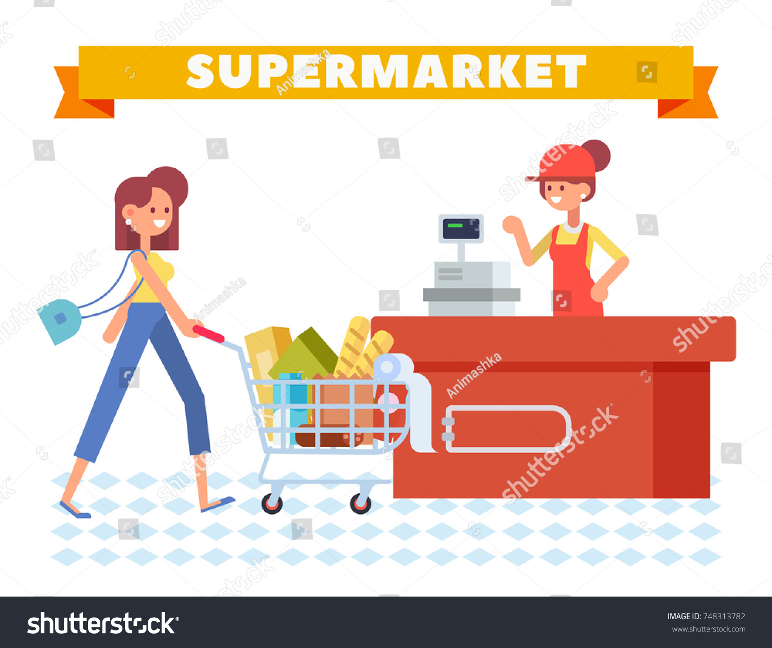 Shopping Supermarket Flat Vector Character Woman Stock Vector Royalty