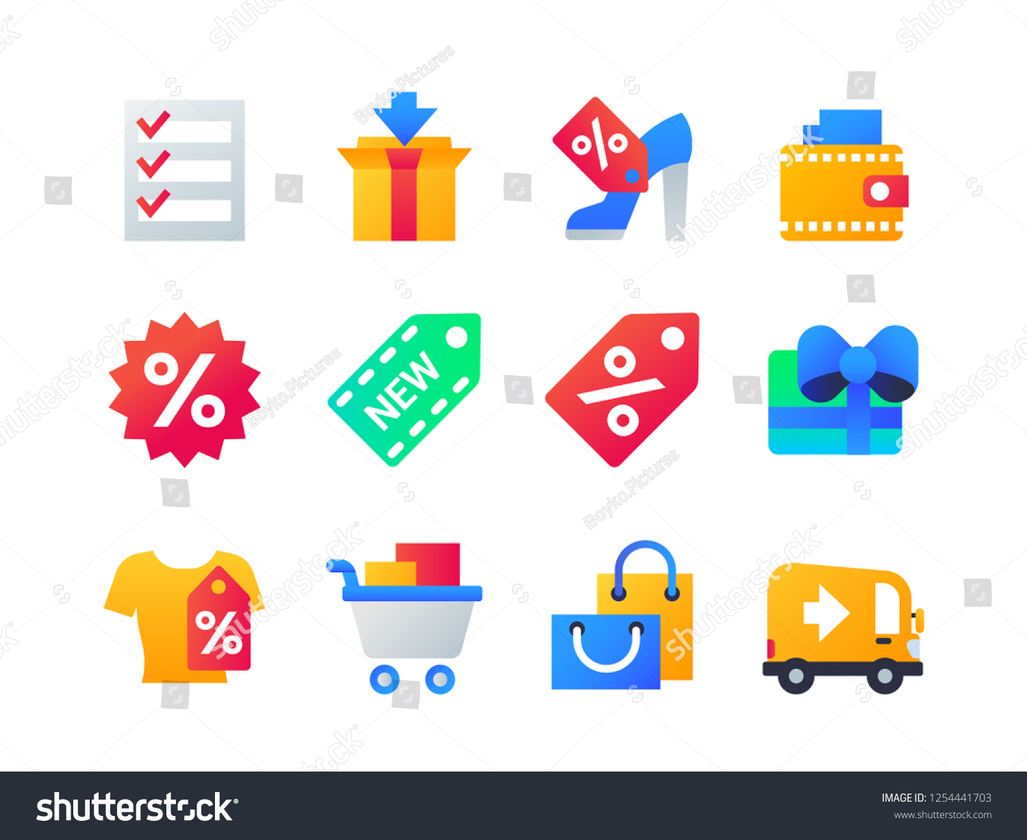 SVG of Shopping - set of flat design style icons on white background. High quality bright web elements, images of check list, sale, new and discount labels, cart, delivery, truck, present, bags, box, wallet svg