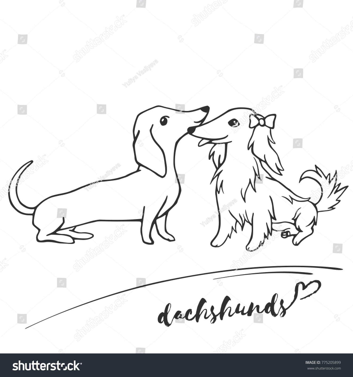 SVG of Short-haired and long-haired dachshunds get acquainted, communicate, play. Black and white linear sketch. Vector illustration. Hand drawing cartoon dogs on white background

 svg