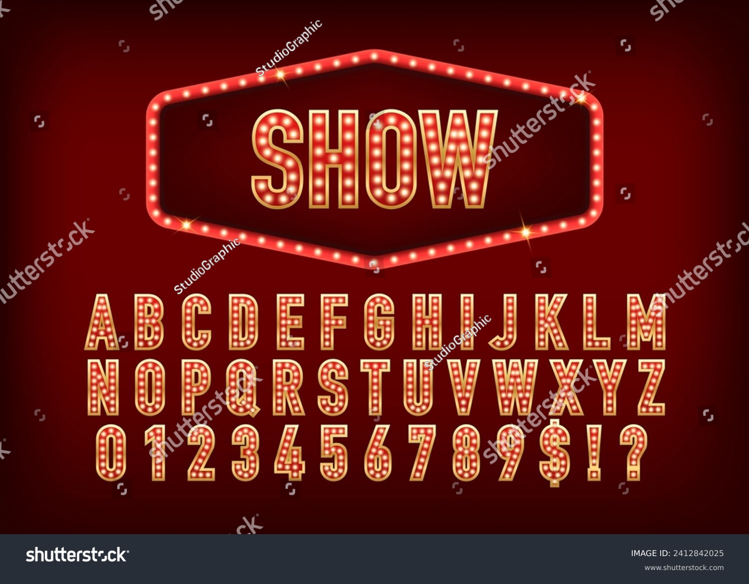 SVG of Show alphabetical font. 3D letters and numbers with light bulbs. Retro light sign. Vintage style banner. Broadway show retro glowing font. Vector illustration svg