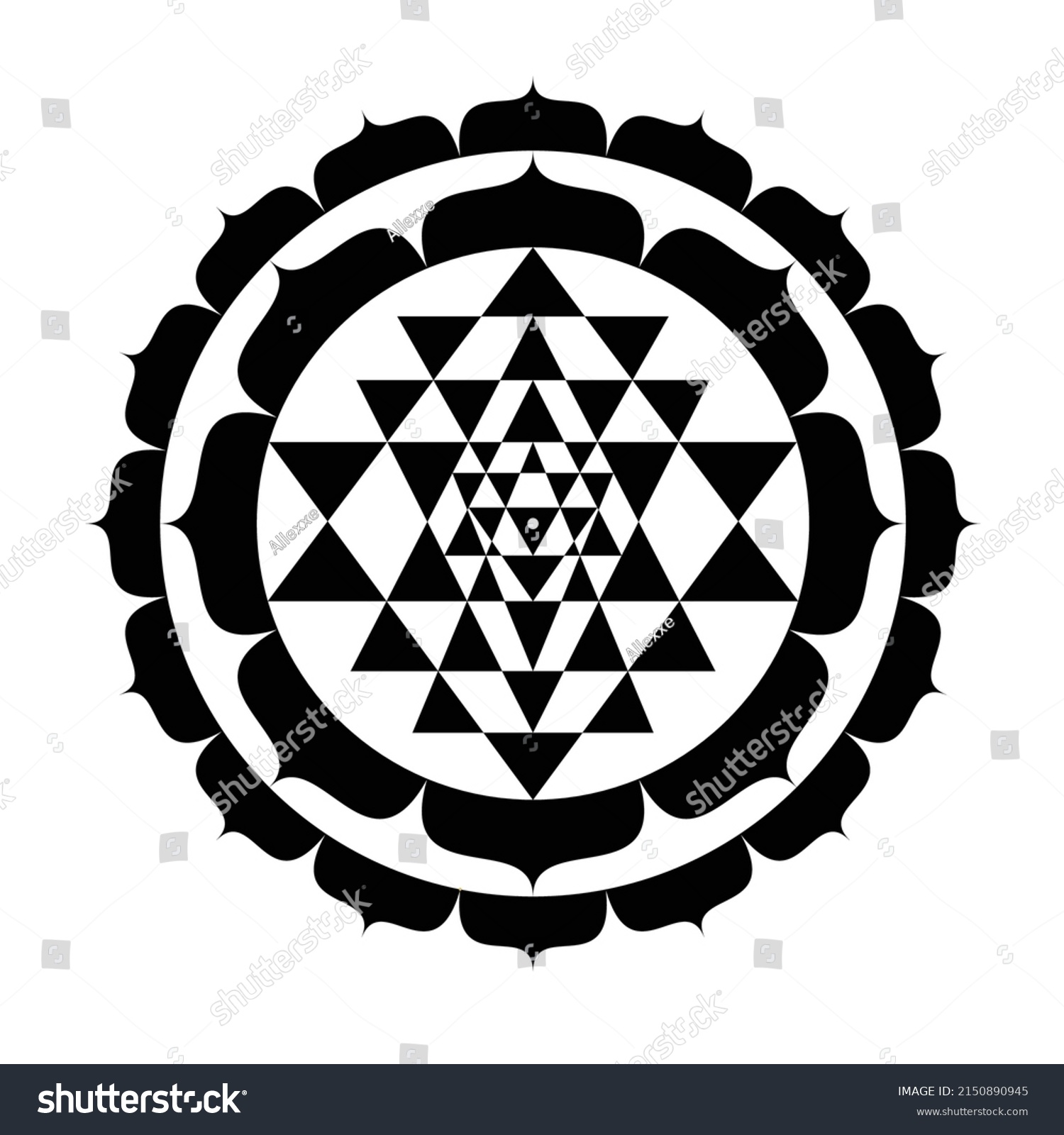 SVG of Shri Yantra nice triangles, lotus black mystical diagram the “queen of yantras”, isolated on white background. Sri Yantra forms a unity between the divine masculine and divine feminine. svg