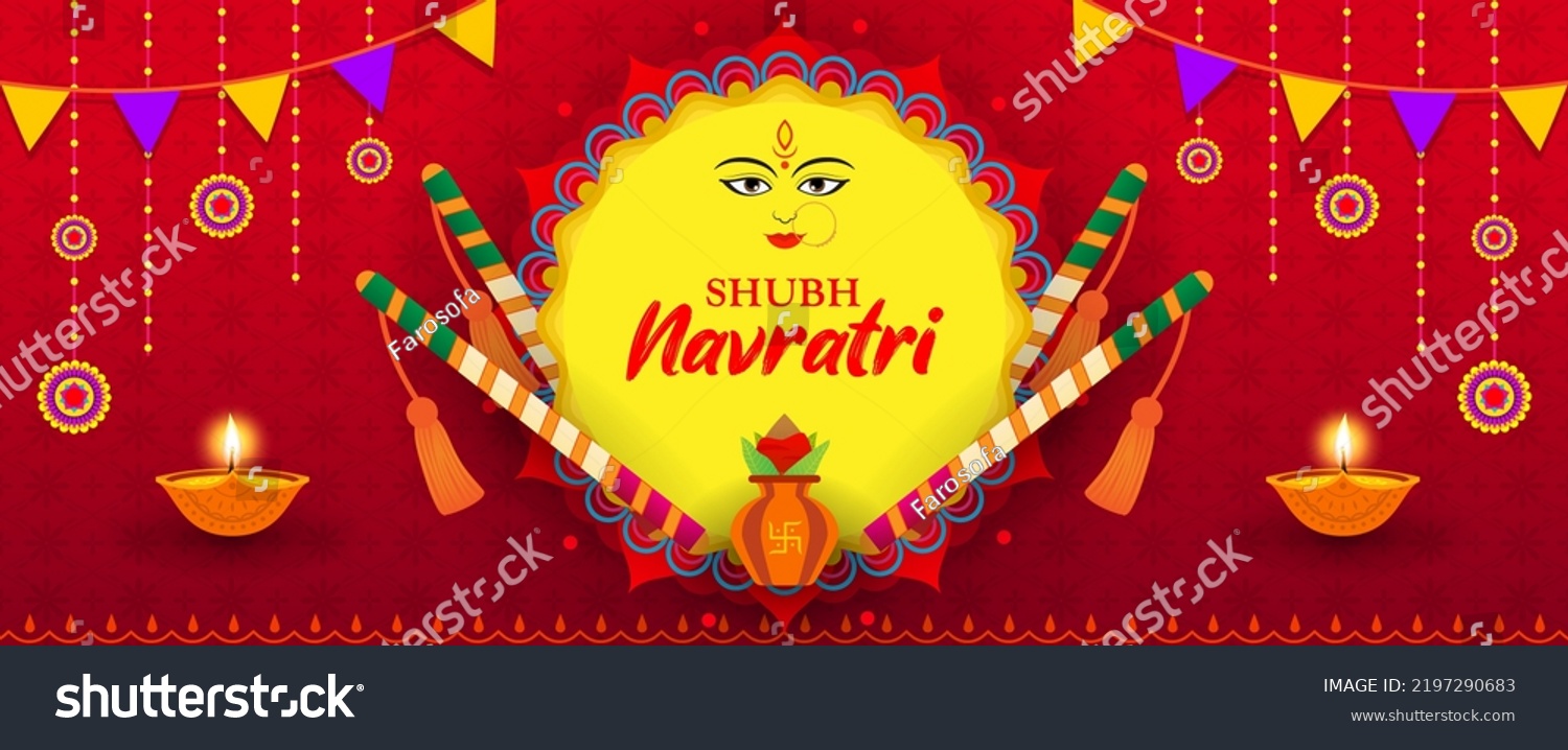 SVG of Shubh Navratri(Happy Navratri) banner vector illustration. Goddess Mahadevi, Dandiya sticks and kalash(pitcher pot) on yellow Indian pattern background.  svg