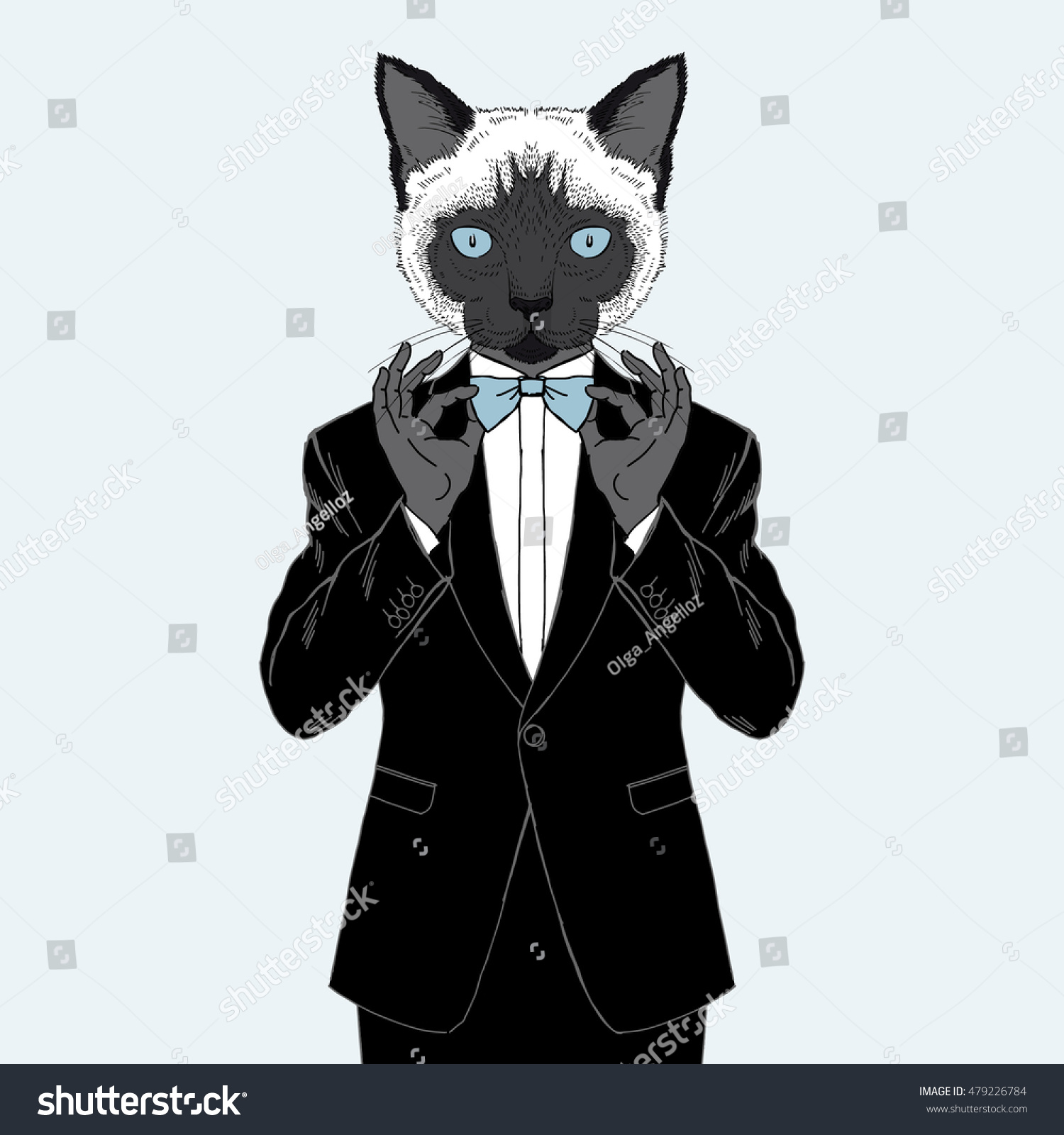 Siamese Cat Dressed Tuxedo Anthropomorphic Illustration Stock Vector