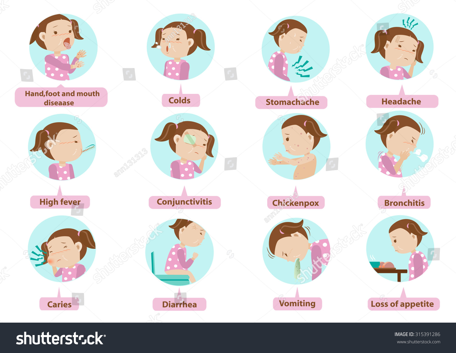 Sick Characters Set Of Children Twelve Diseases Isolated Vector ...