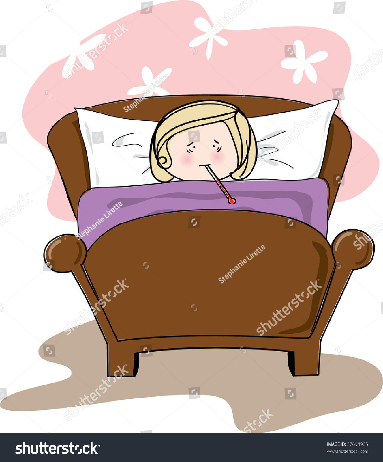 Sick Girl In Bed With Thermometer Stock Vector Illustration 37694905 ...