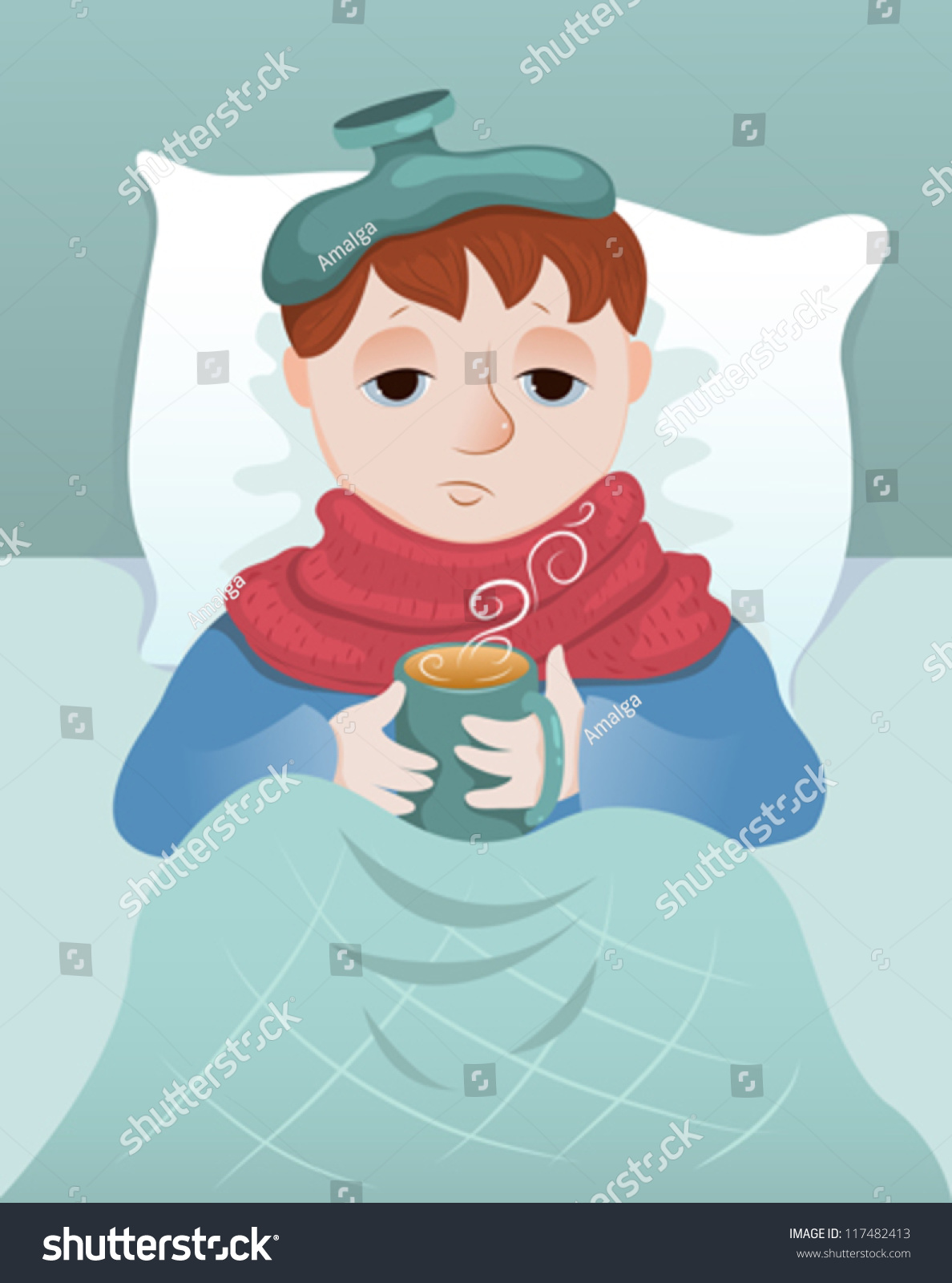 Sick Little Boy Lies Drinks Hot Stock Vector 117482413 - Shutterstock