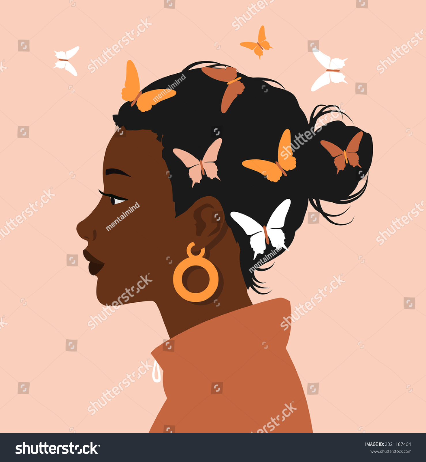 SVG of Side portrait of black afro woman face on pastel background. Beautiful woman with colorfl butterflies flying over her head. Flat cartoon vector illustration svg