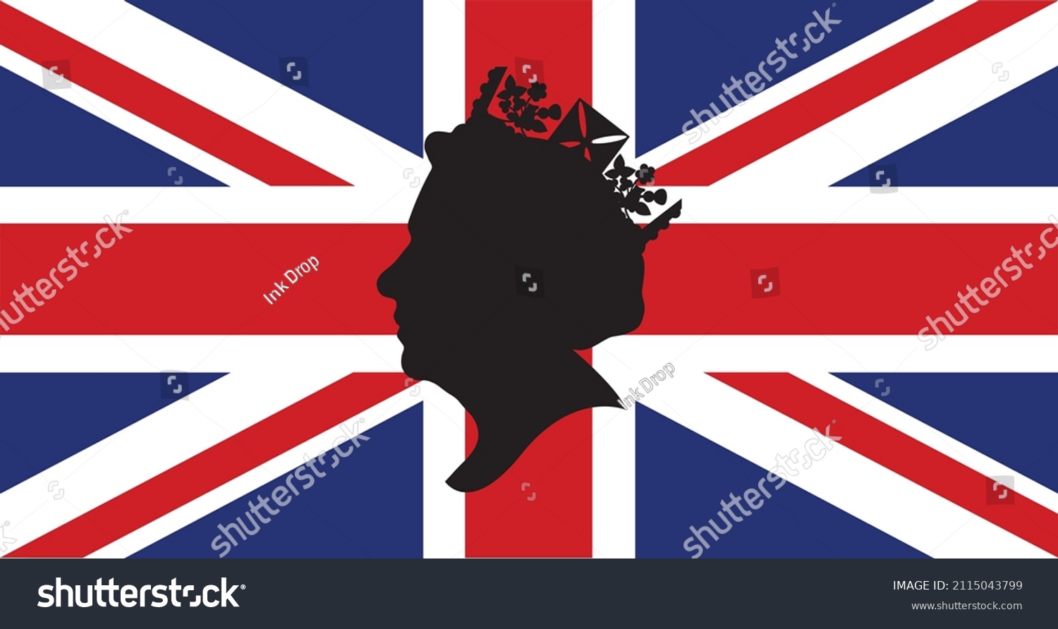 SVG of Side profile silhouette of Queen Elizabeth wearing a crown with union jack flag svg
