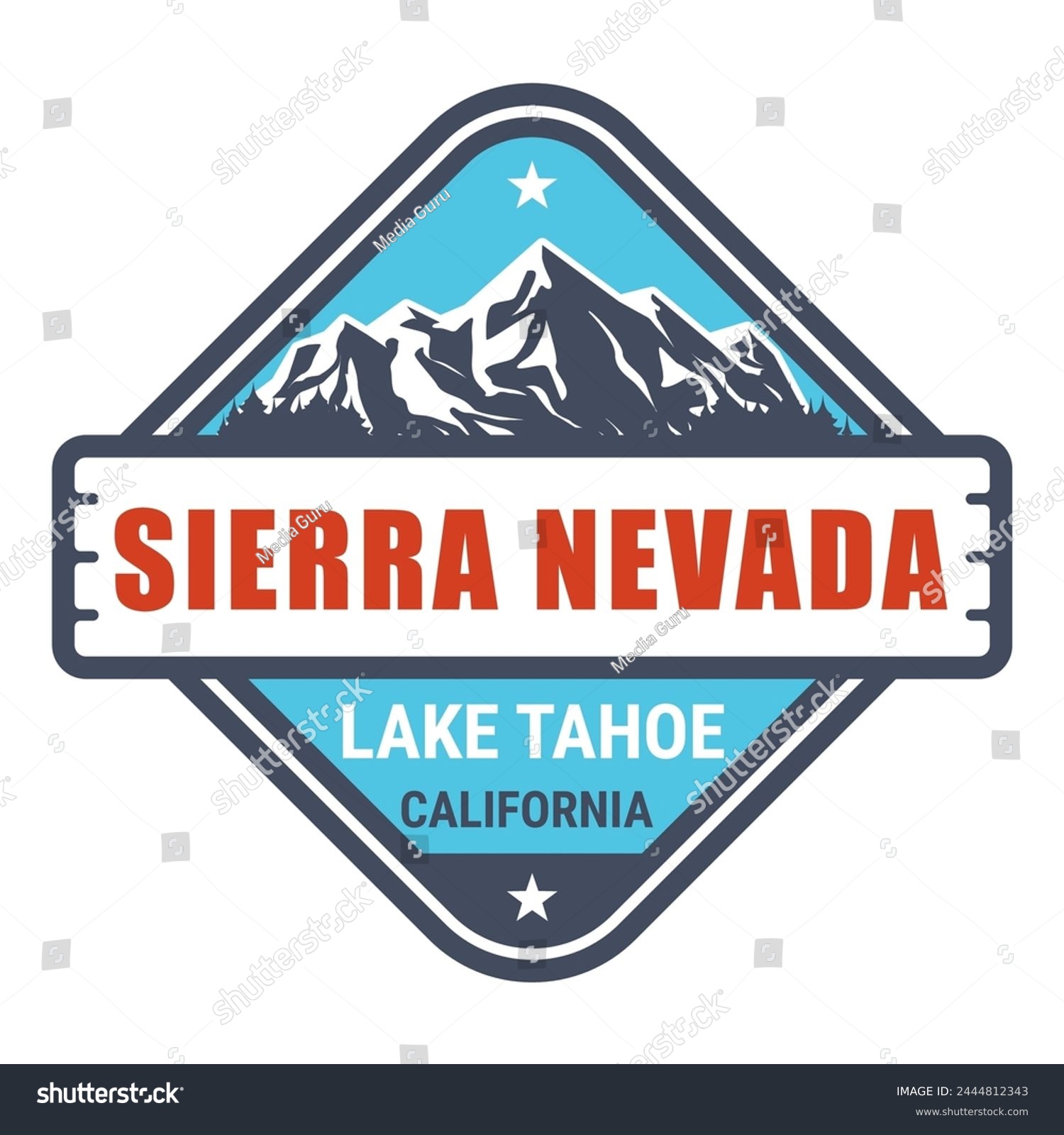 SVG of Sierra Nevada USA mountain range, California, emblem with lake tahoe and snow covered mountains, vector svg