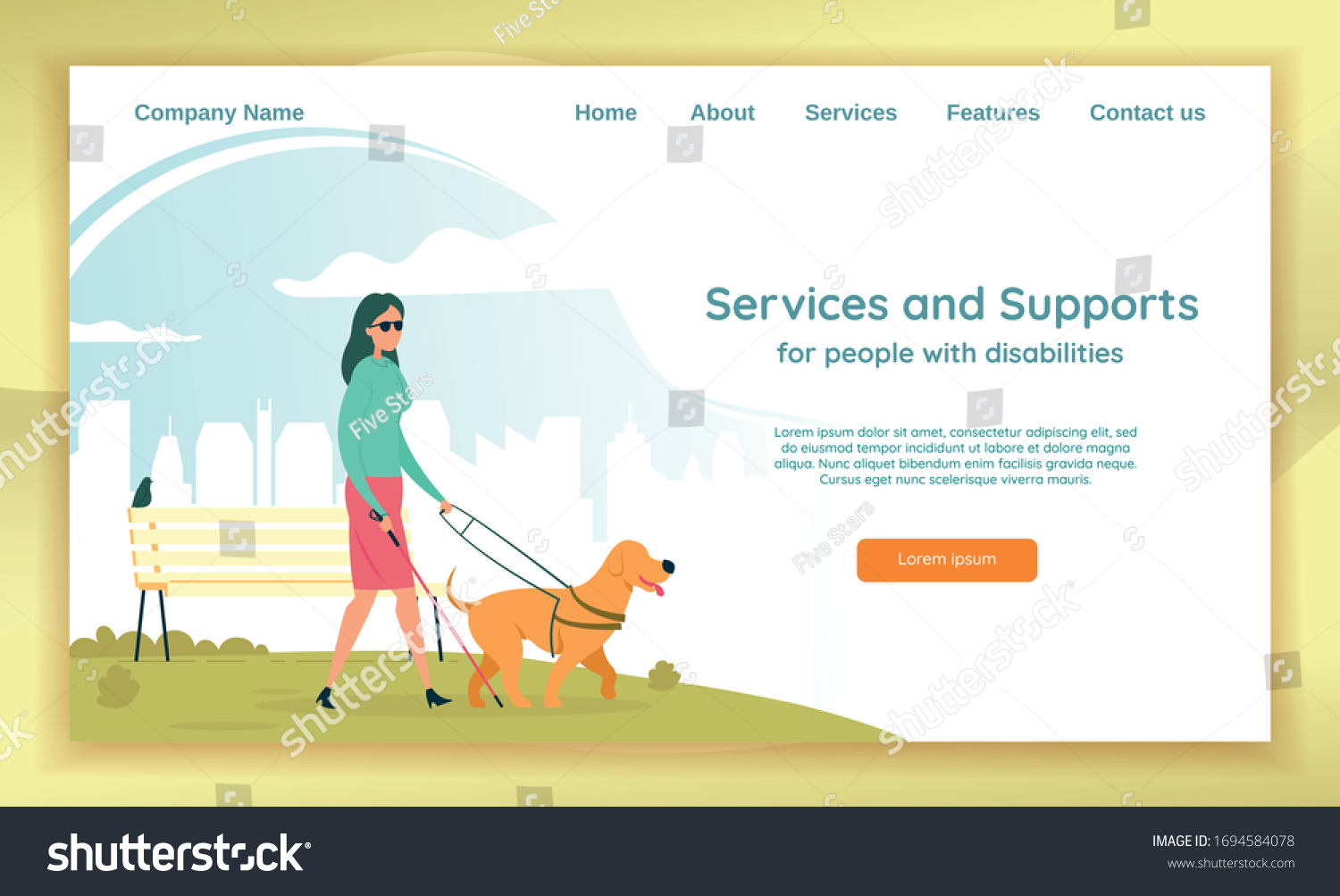 SVG of Sight Challenged Woman Using Long Cane and Guide Dog to Walk Independently. Assistance Pet Trained to Lead Blind Person. Service and Support for People with Disability Banner and Landing Page. svg