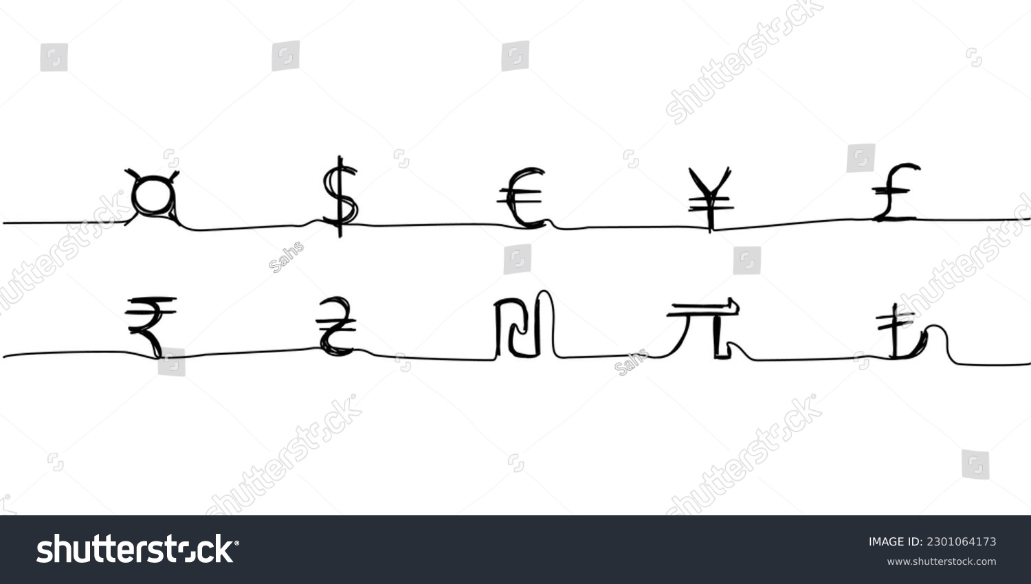 SVG of Signs of world currencies, dollar, euro, hryvnia, yuan, pound sterling, yen, shekel, Turkish lira one line art. Continuous line drawing of bank, money, finance, financial, savings, economic, wealth svg