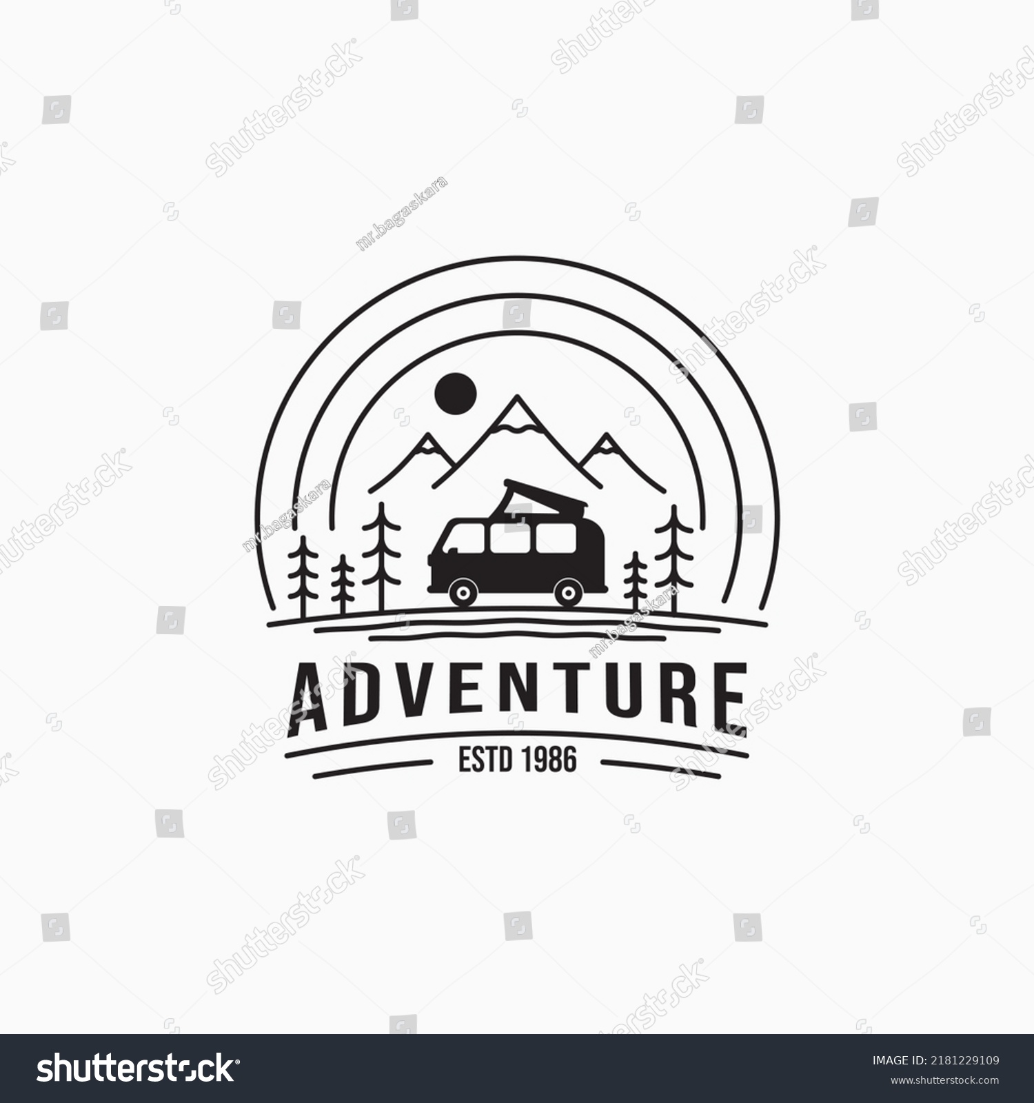 SVG of Silhouette camper van on mountain travel vintage logo design. Forest camp vacation summertime. Simple line art travel business logo concept. svg