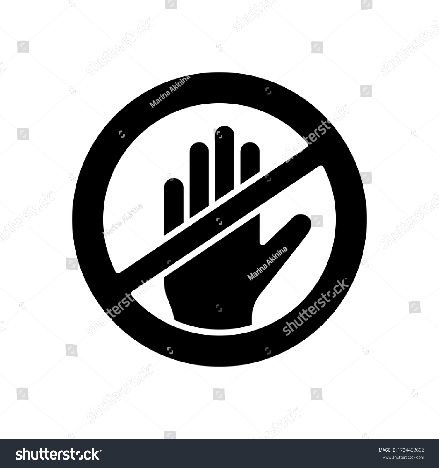 SVG of Silhouette contactless sign. Outline round icon of crossed human hand. Black illustration ban on touch in pandemic, quarantine. Flat isolated vector on white background. Dangerous to pick up svg