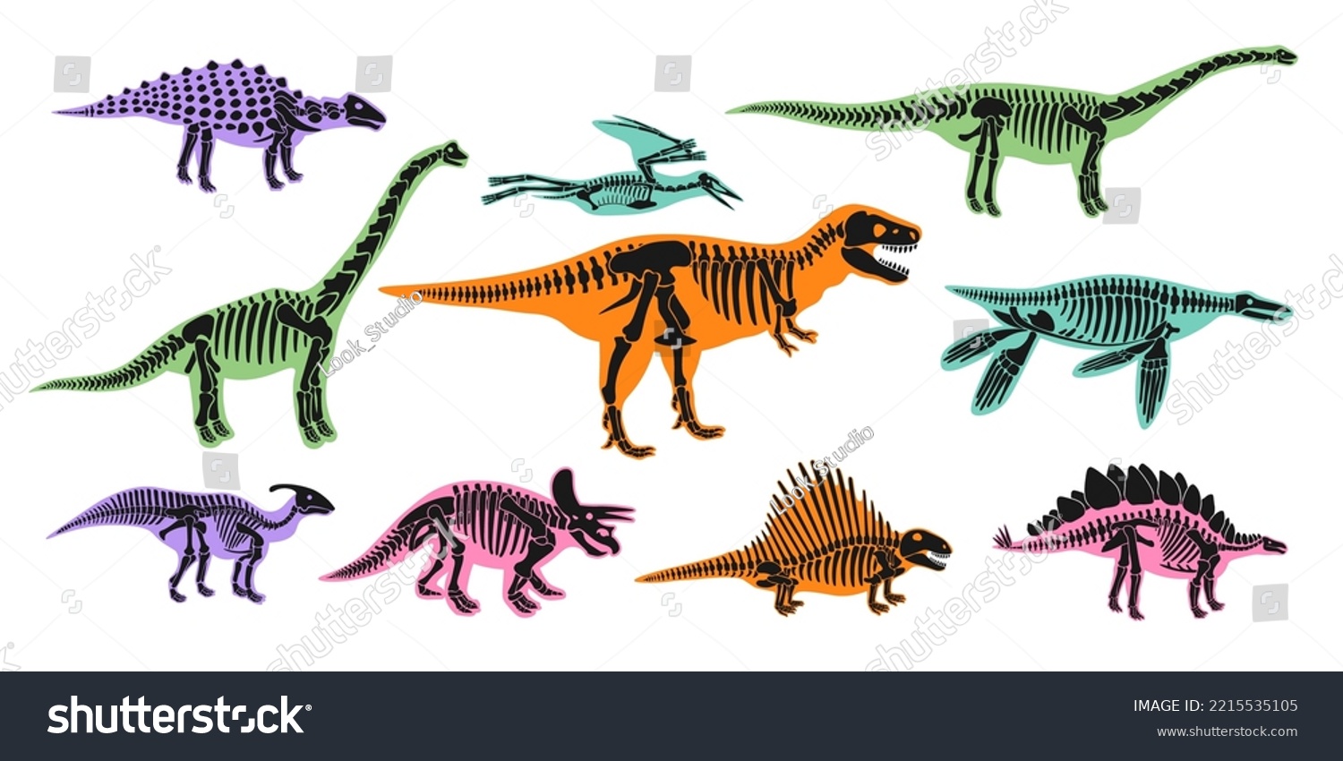 SVG of Silhouette dinosaur skeletons and bones on colorful shadows shapes set. Triceratops, tyrannosaurus, brahiosaurus, velociraptor, stegosaurus, parasaurolophus. Vector illustration svg