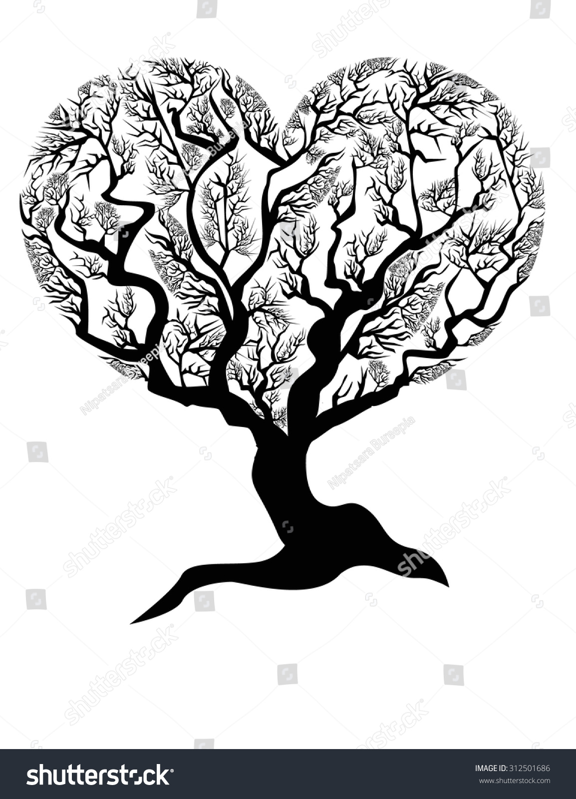 Silhouette Heartshaped Tree Isolated On White Stock Vector (Royalty ...