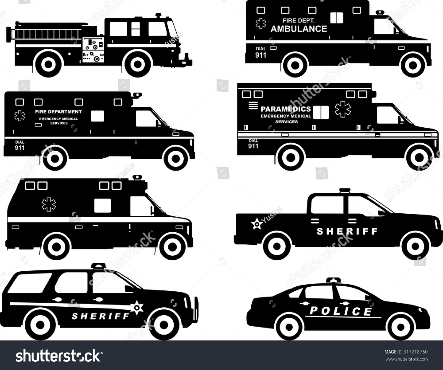 Silhouette Illustration Fire Truck Police Ambulance Stock Vector 