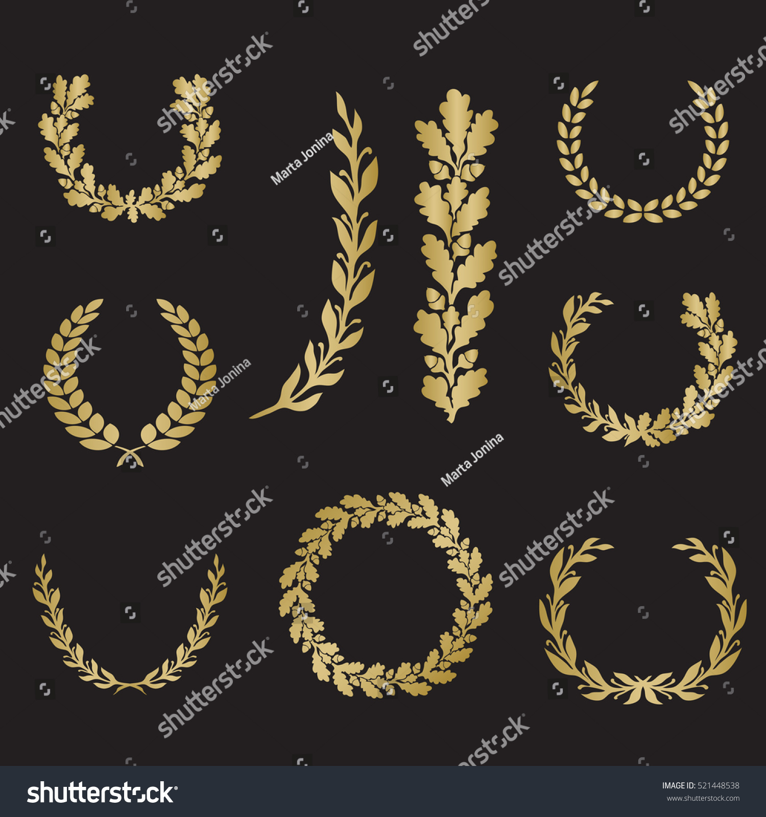 SVG of Silhouette laurel and oak wreaths in different  shapes - half circle, circle, branch in gold color svg