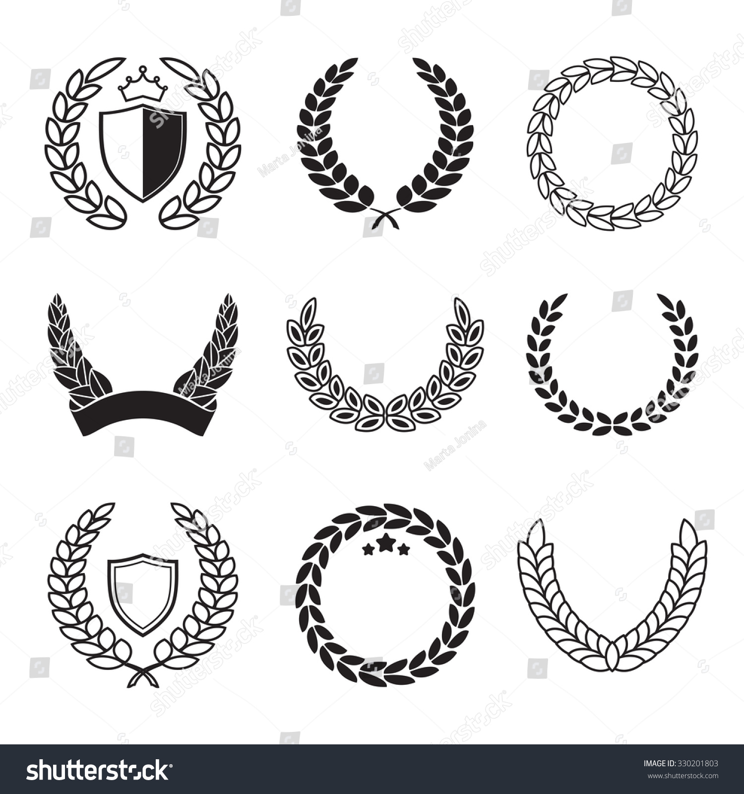 SVG of Silhouette laurel wreaths in different  shapes - half circle, circle with shields, crowns and stars svg