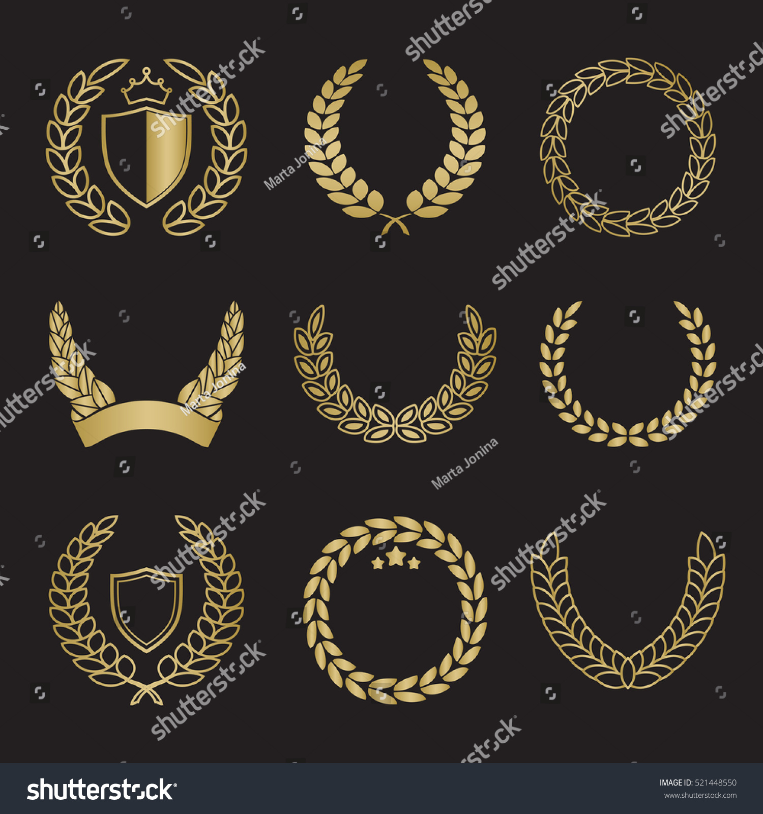 SVG of Silhouette laurel wreaths in different shapes - half circle, circle with shields, crowns and stars in gold color svg