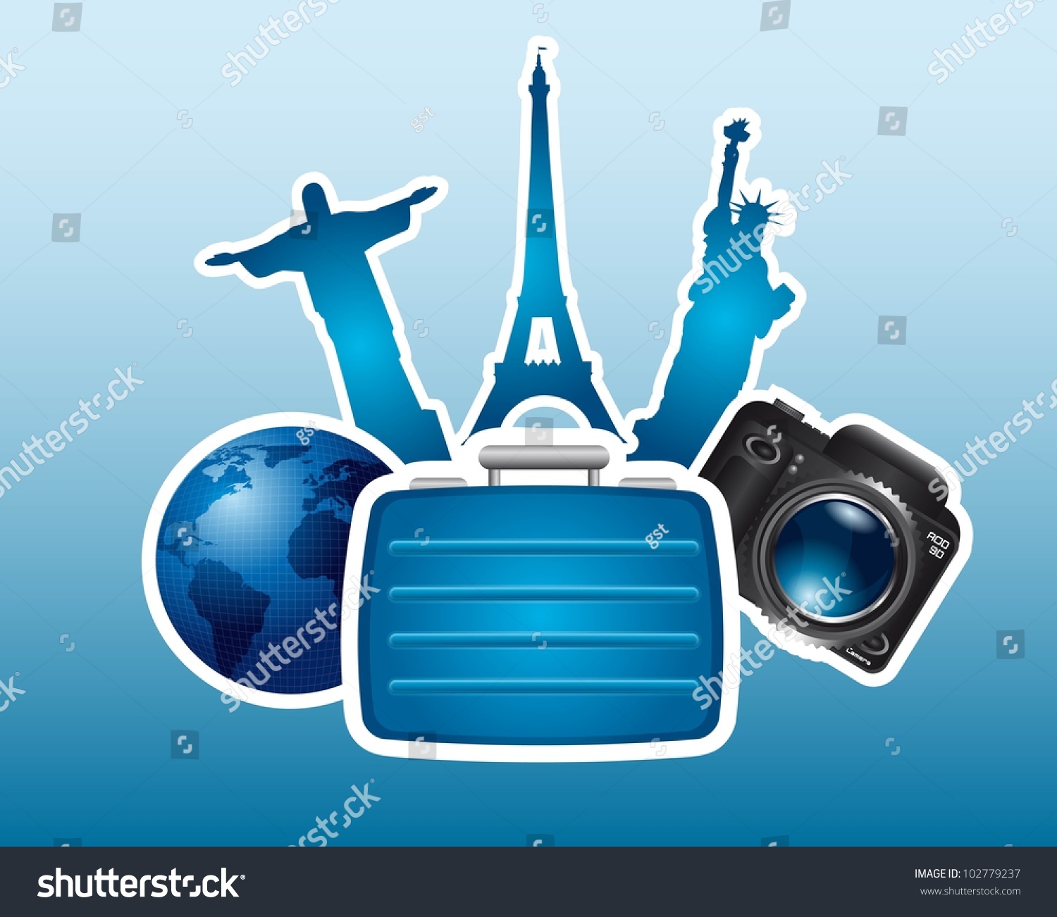 SVG of silhouette monuments with suitcase and camera background. vector svg