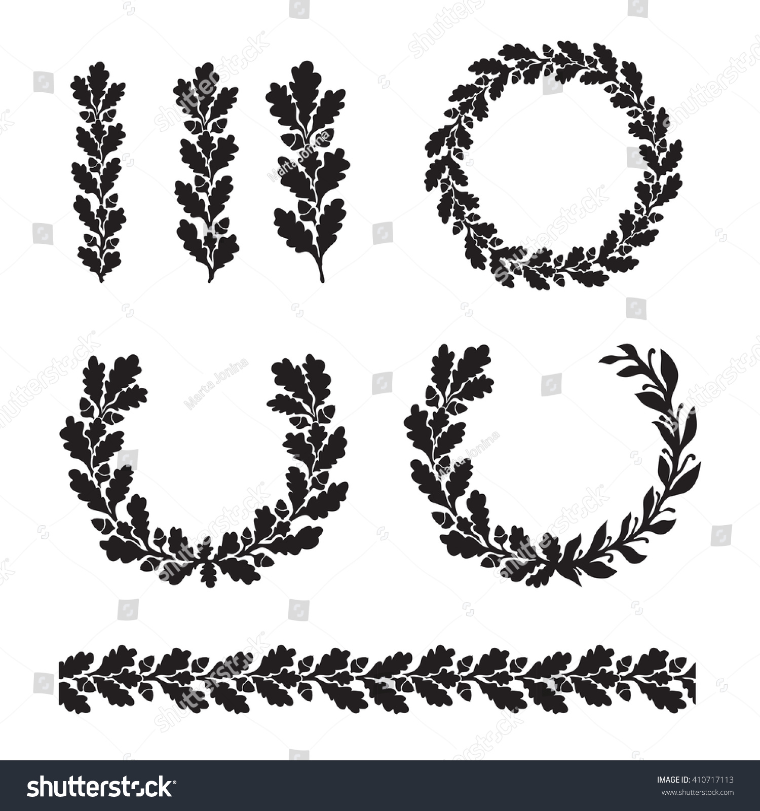 SVG of Silhouette oak wreaths in different  shapes - half circle, circle, branch and seamless border svg