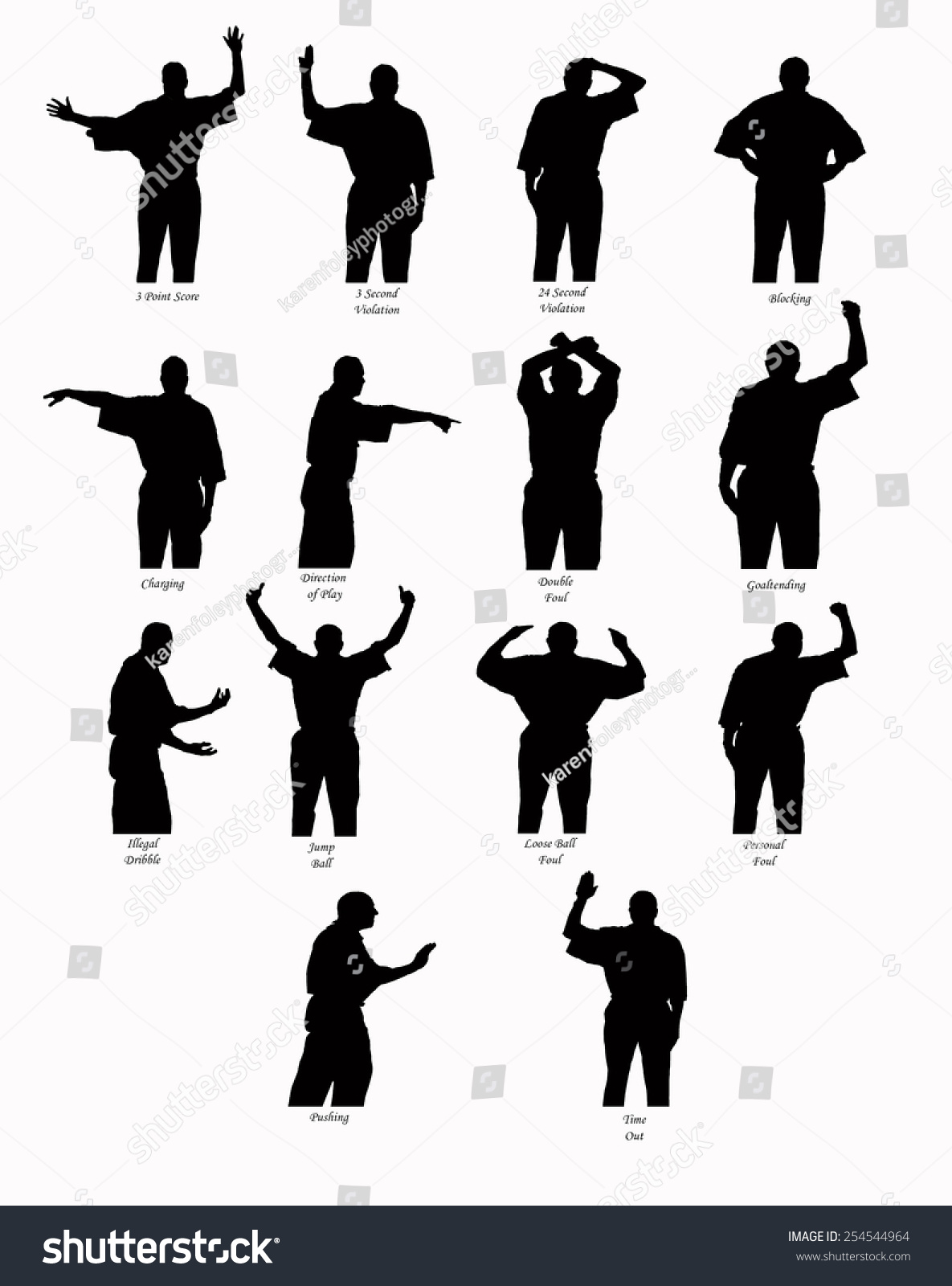 Silhouette Basketball Referee Gesturing Common Fouls Stock Vector
