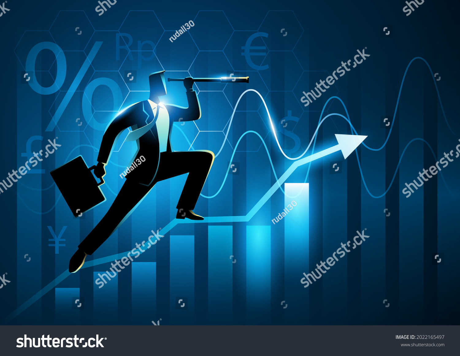 SVG of Silhouette of a businessman using telescope on graphic chart. Concept for forecast, prediction, stock market, planning in business svg