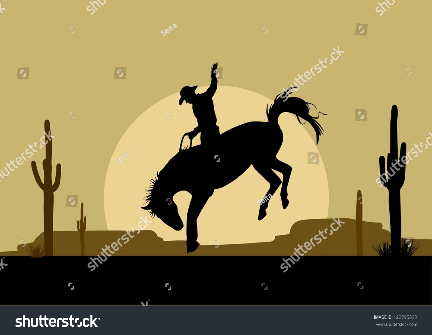 Silhouette Of A Cowboy Riding A Wild Horse, Vector - 122795332 ...