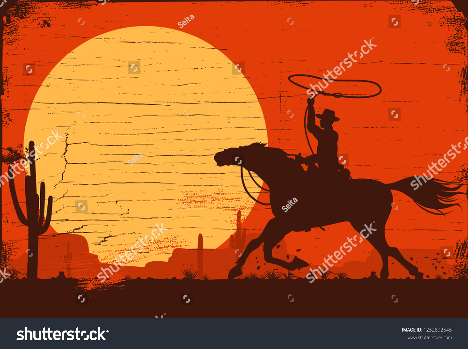 Silhouette Cowboy Riding Horse Sunset On Stock Vector (Royalty Free ...