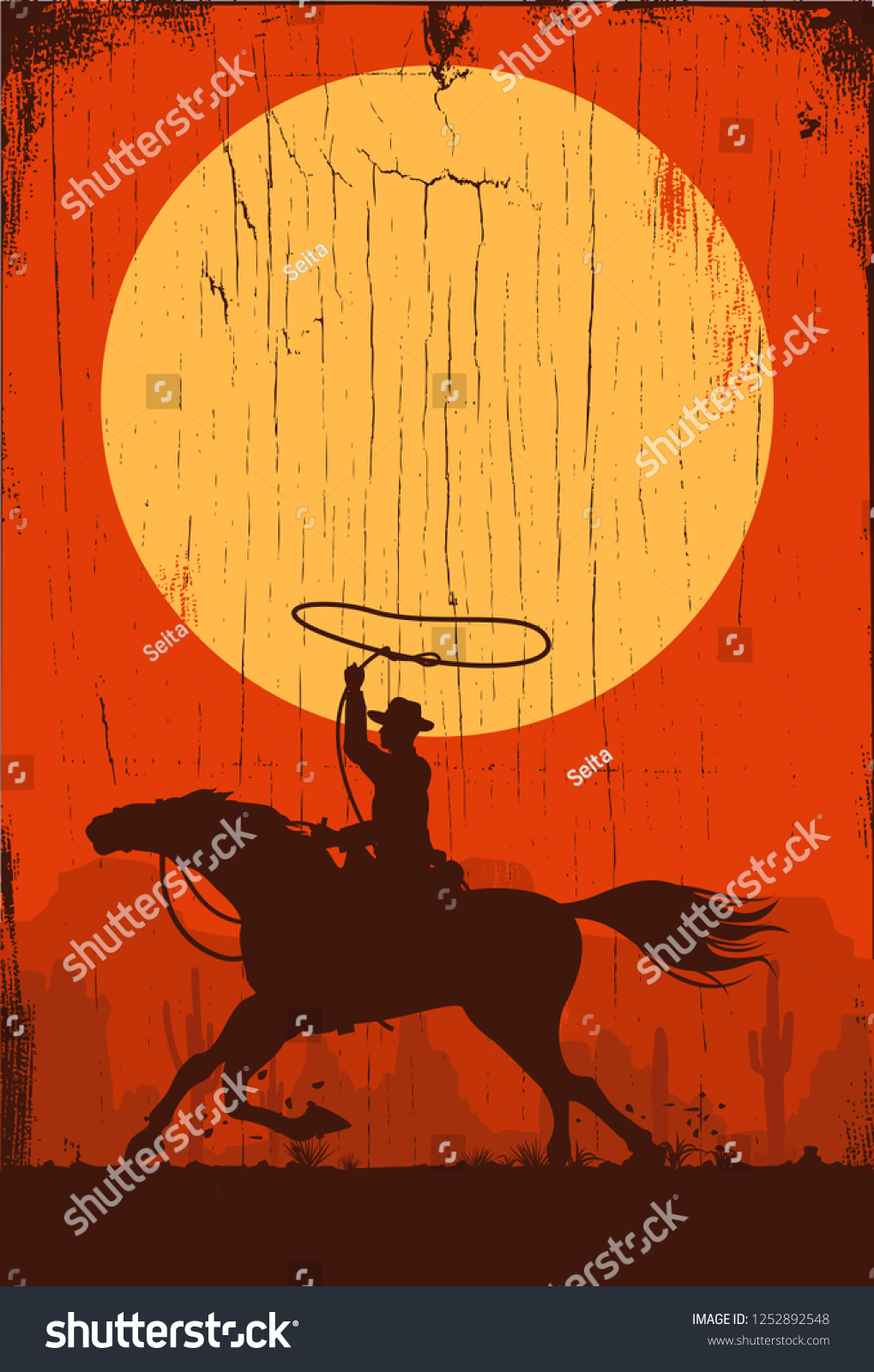 Silhouette Cowboy Riding Horse Sunset On Stock Vector (Royalty Free ...