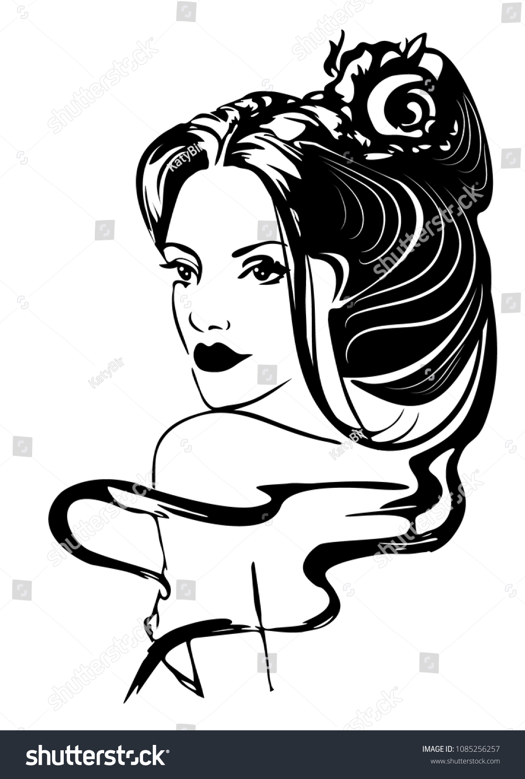 Silhouette Girl Rose Her Hair Stock Vector (Royalty Free) 1085256257 ...