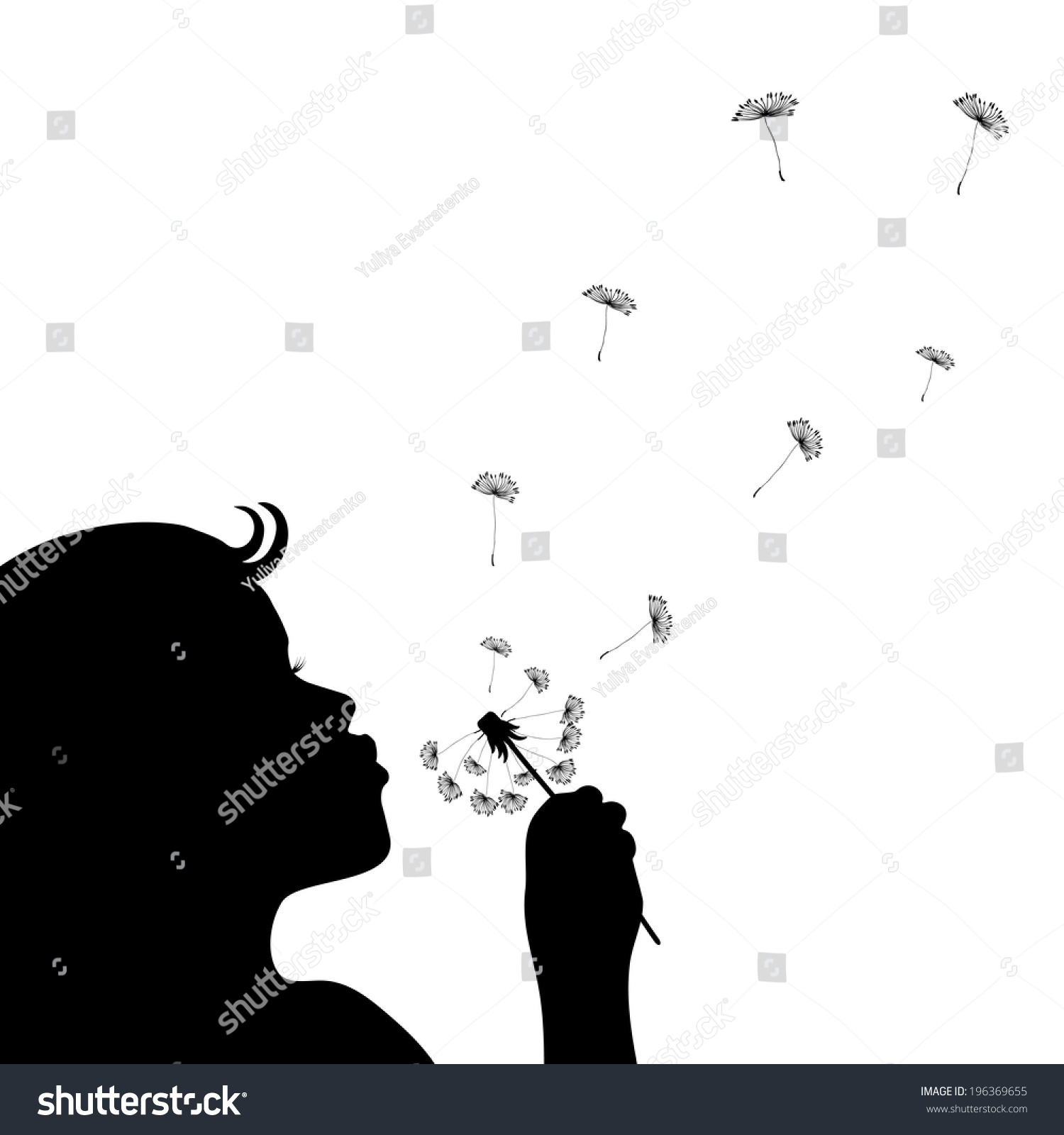 Silhouette Of A Little Girl Blowing Dandelion Isolated In White. Vector ...