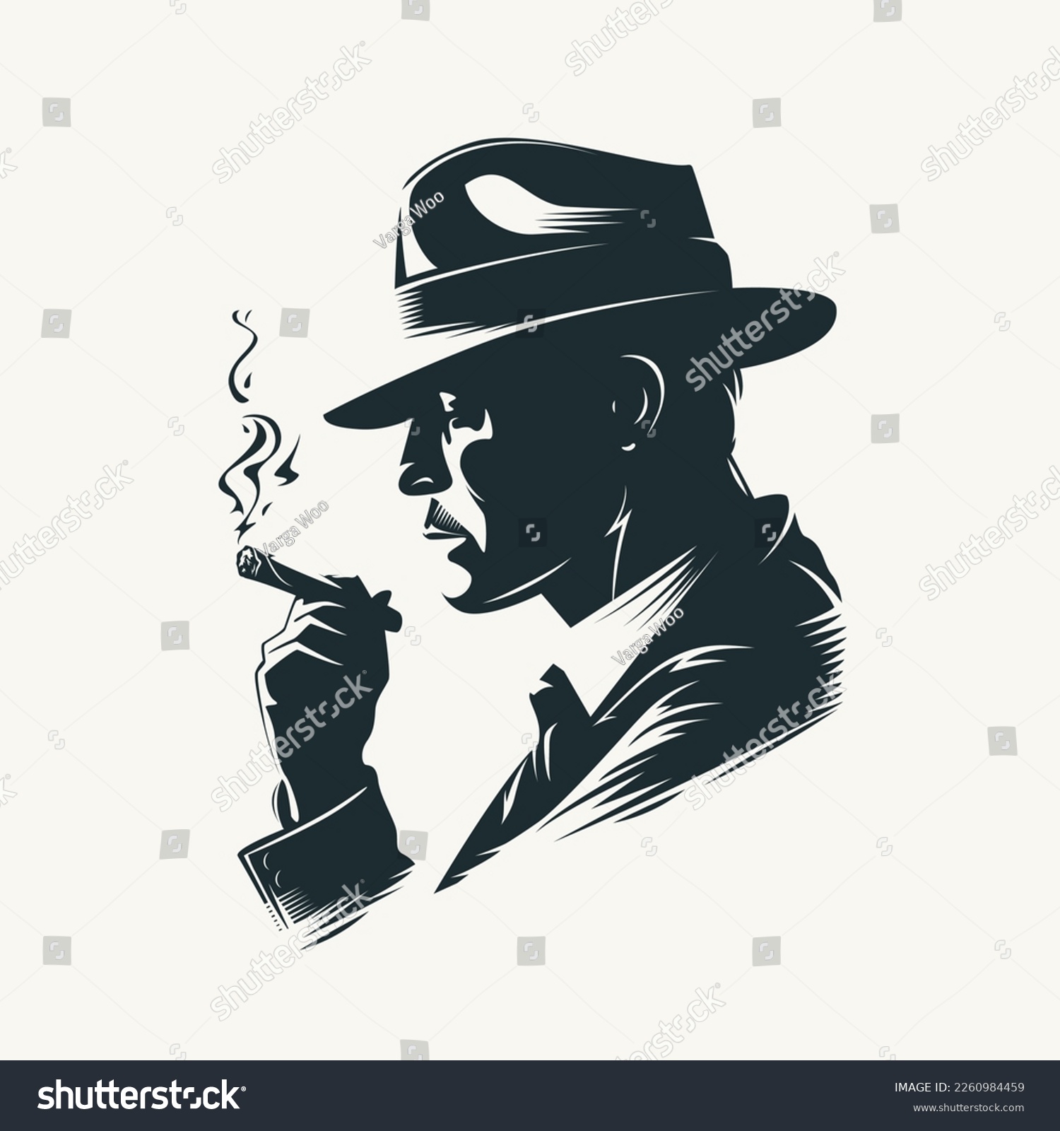 SVG of Silhouette of a man in a hat smoking a cigar. Retro style vector illustration of noir gentleman. svg