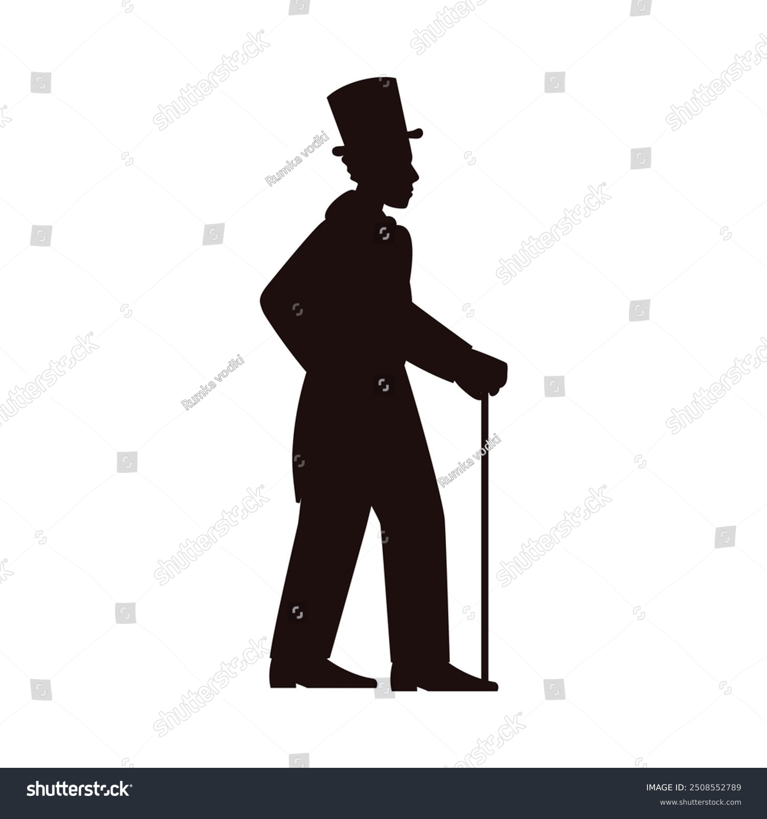 recommend clip art: Silhouette of a Victorian gentleman. Vector illustration of a man in a top hat and coat, holding a cane. Historical character profile for themed design.
