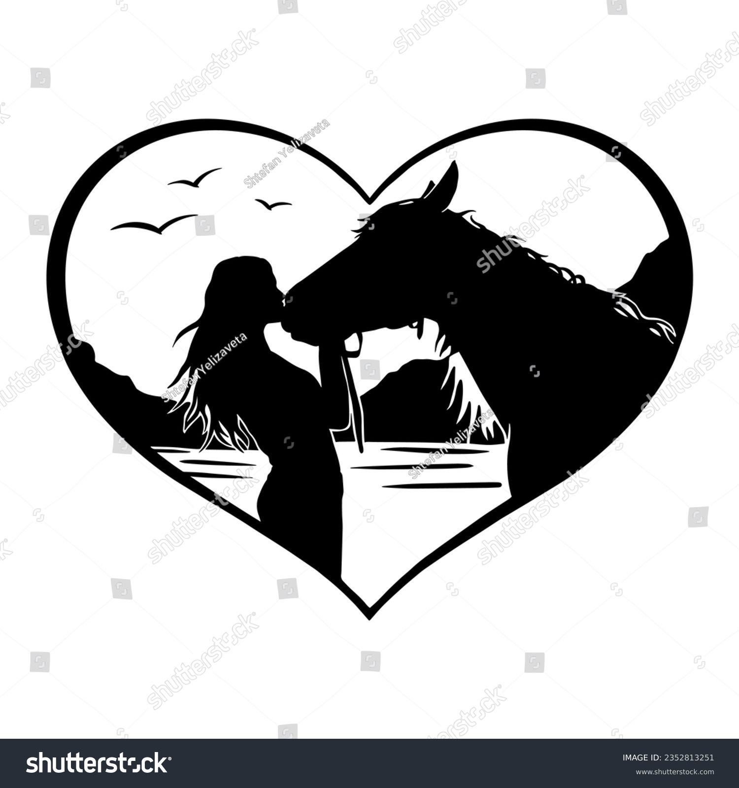 SVG of Silhouette of a woman and a horse in a heart. Horse love hand drawn illustration for plotter cutting. Vector logo svg