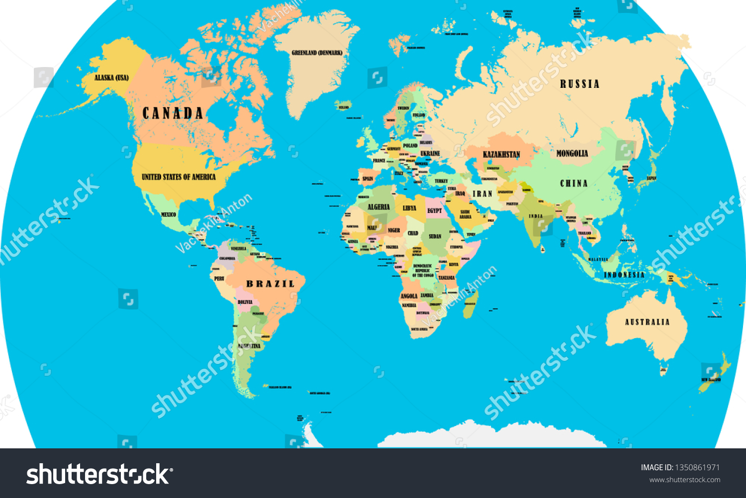 Map Of All Of The Continents Silhouette World Map All Continents Large Stock Vector (Royalty Free)  1350861971 | Shutterstock