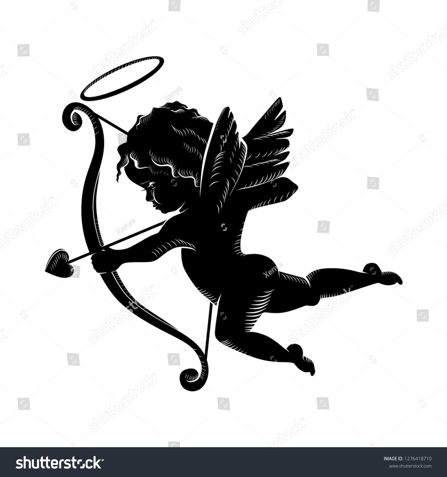 SVG of Silhouette of an angel, Cupid cherub with a bow and arrows, isolated image. Vector illustration EPS 10 svg