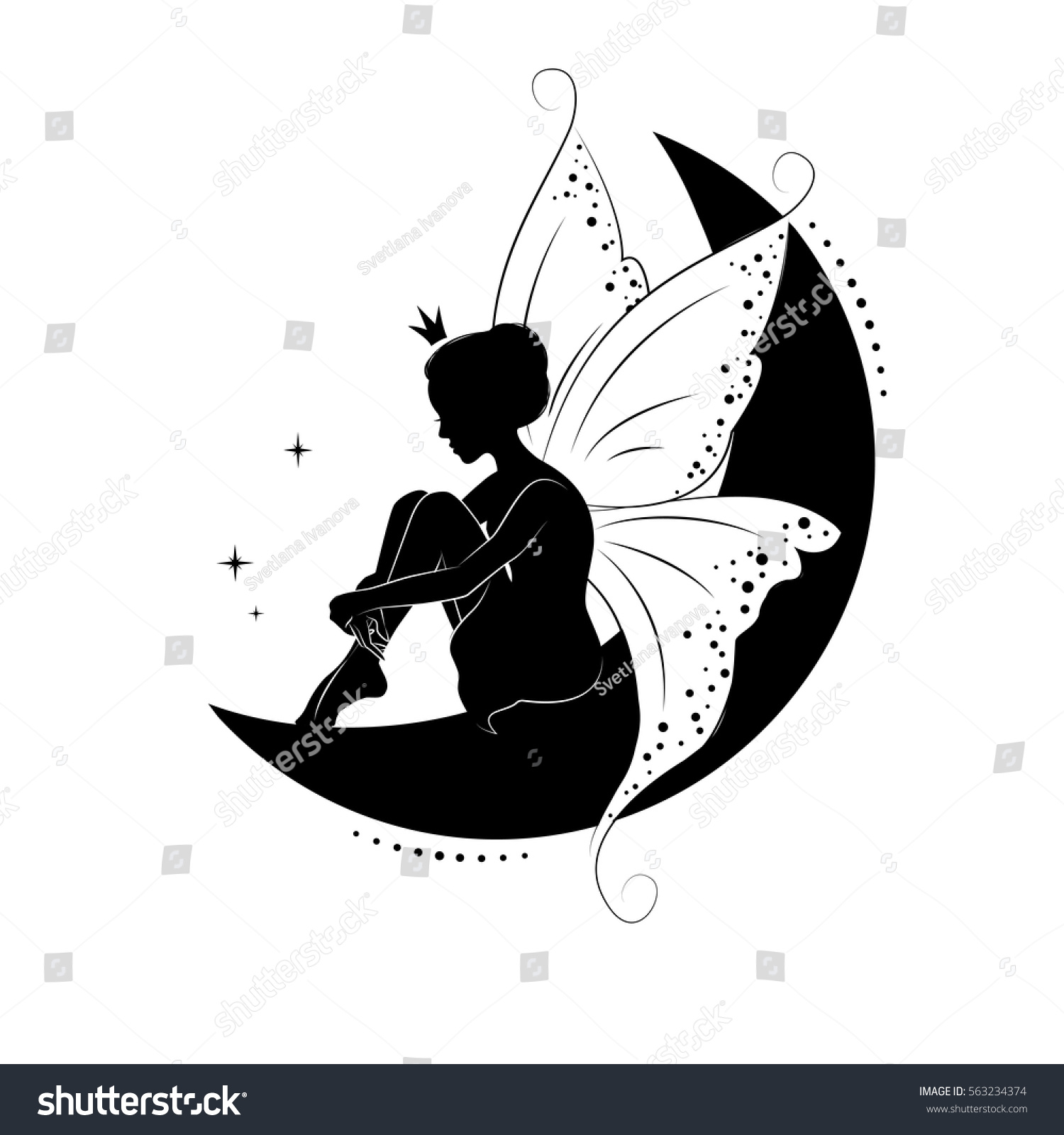 美しい妖精のシルエット 彼女は月に座って空想をしている 白い背景に手描きの画像 のベクター画像素材 ロイヤリティフリー