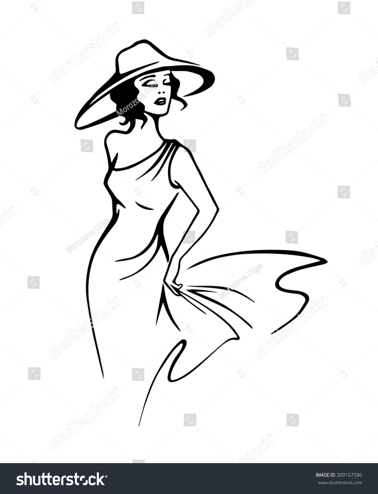 Silhouette Beautiful Woman Hat Outline Style Stock Vector 309157586 ...