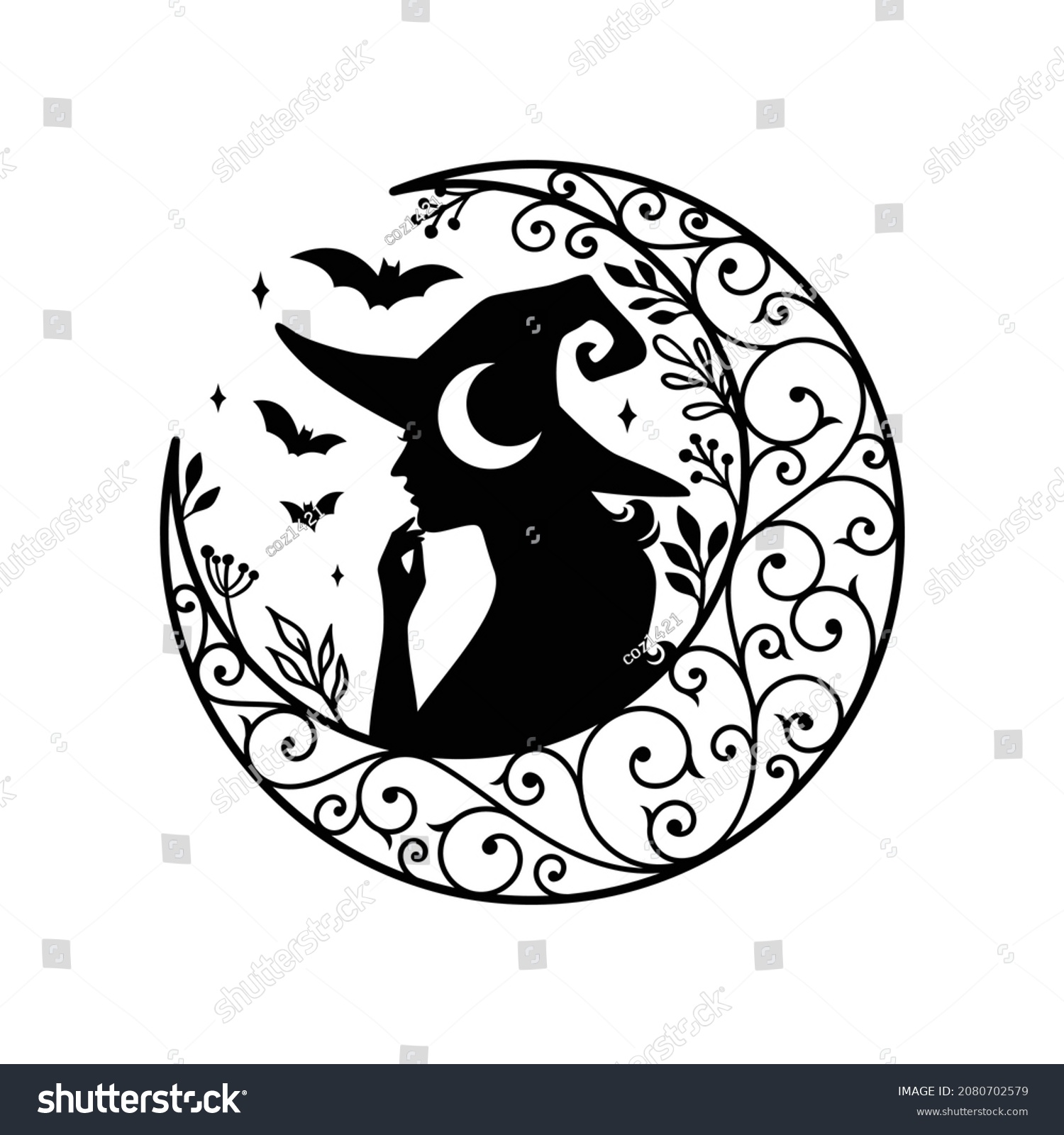 Silhouette Beautiful Young Witch Crescent Moon Stock Vector (Royalty ...