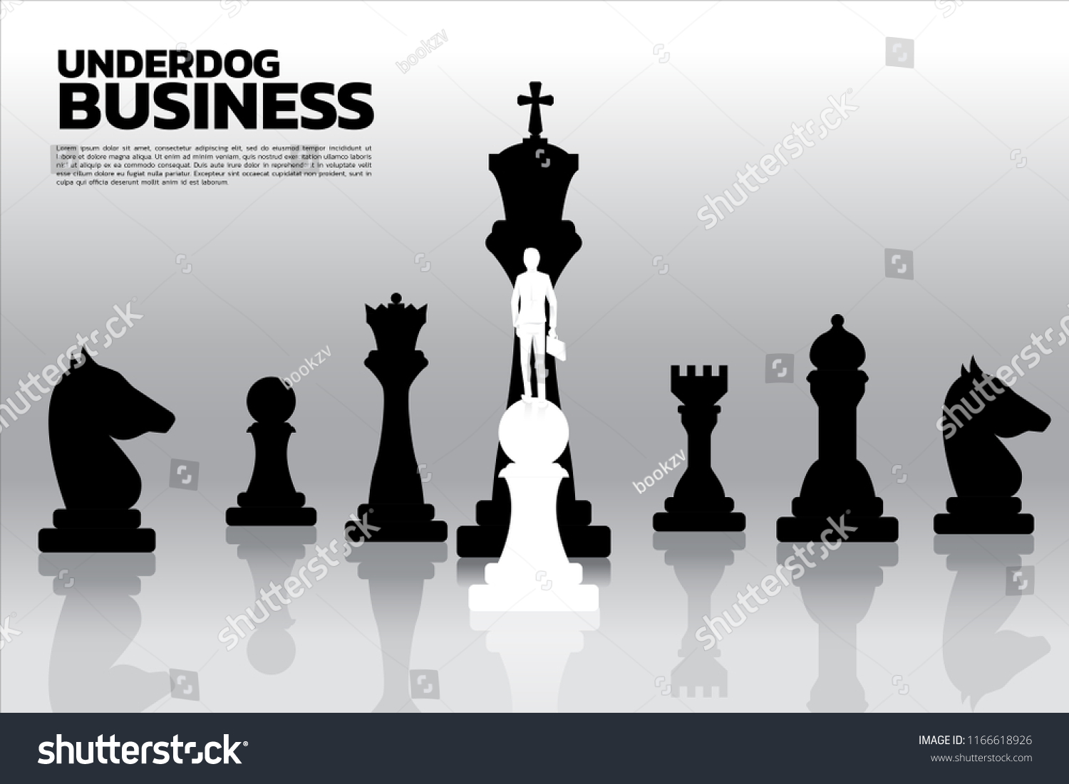 SVG of Silhouette of businessman standing on white pawn chess piece in front of all of black chess piece . Concept of underdog business marketing strategy. svg