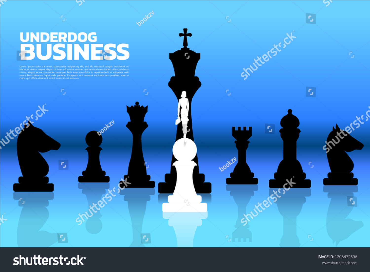 SVG of Silhouette of businesswomen standing on white pawn chess piece in front of all of black chess piece. Concept of underdog business marketing strategy. svg