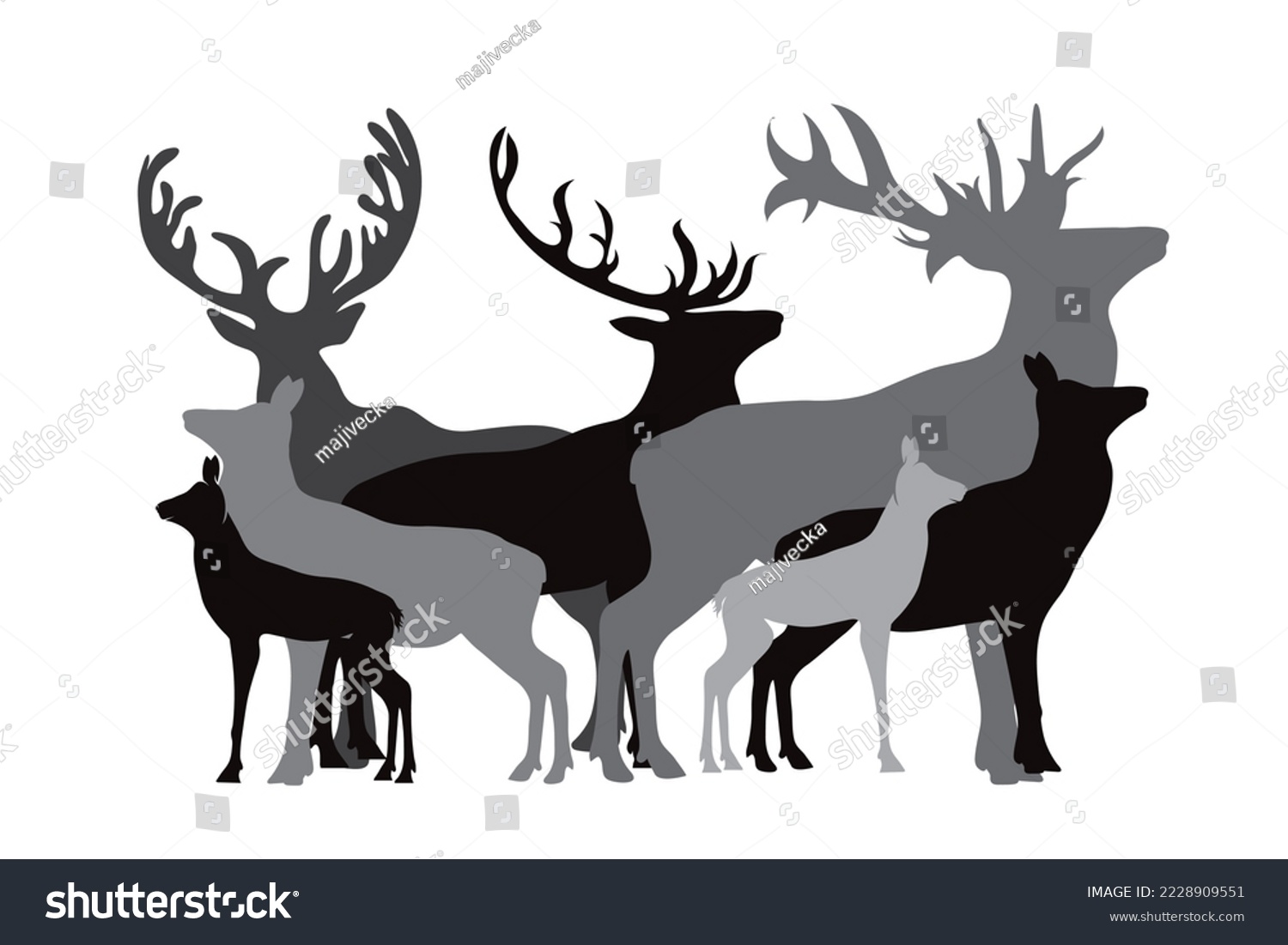 SVG of Silhouette of collection of deers on white background. Symbol of animal and nature. svg